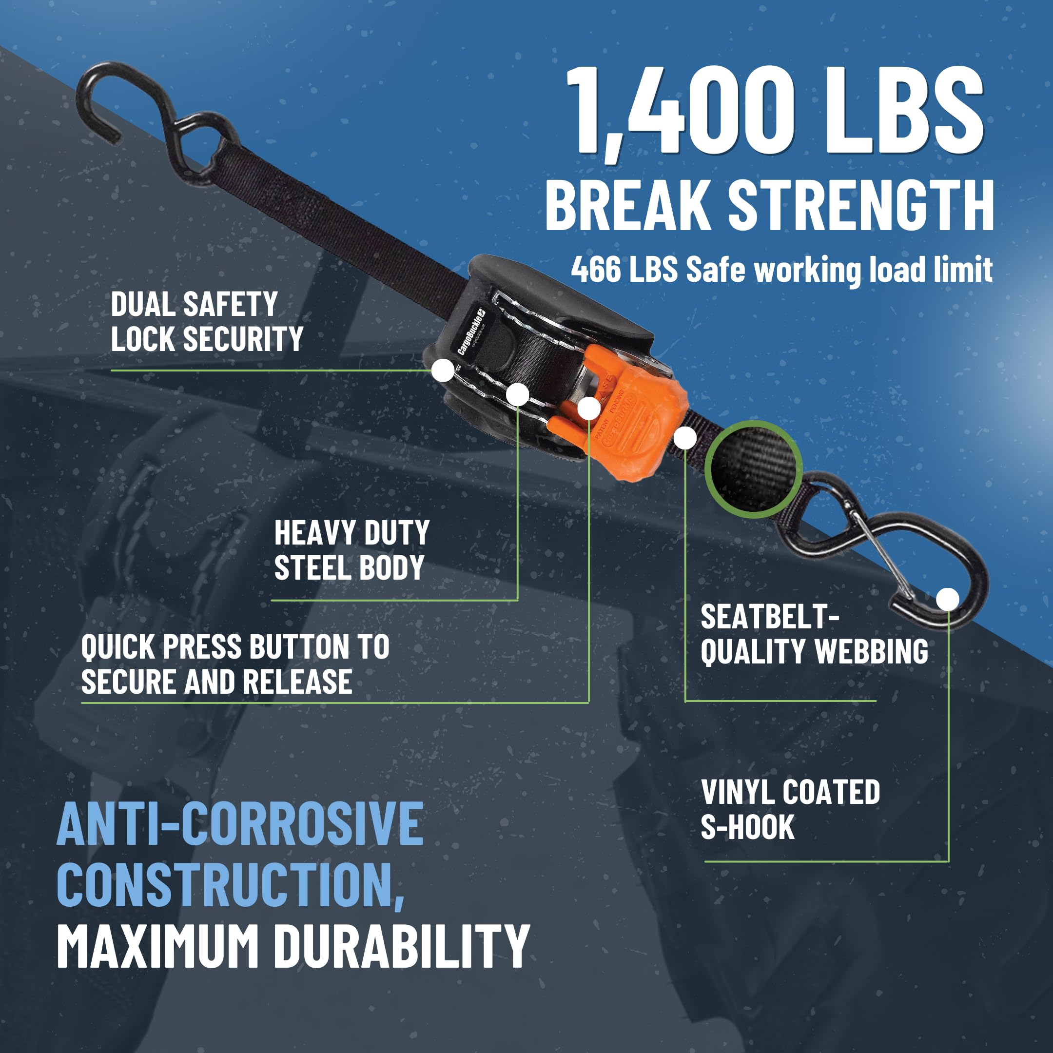 Mini G3 CargoBuckle Retractable Ratchet Straps with Dual S-Hooks, 1400 lbs Break Strength, 1-Inch Width X 6 ft Reach, Auto Ratchet Straps for Trailers, Toy Haulers, ATVs, and Motorcycles - 2 Pack