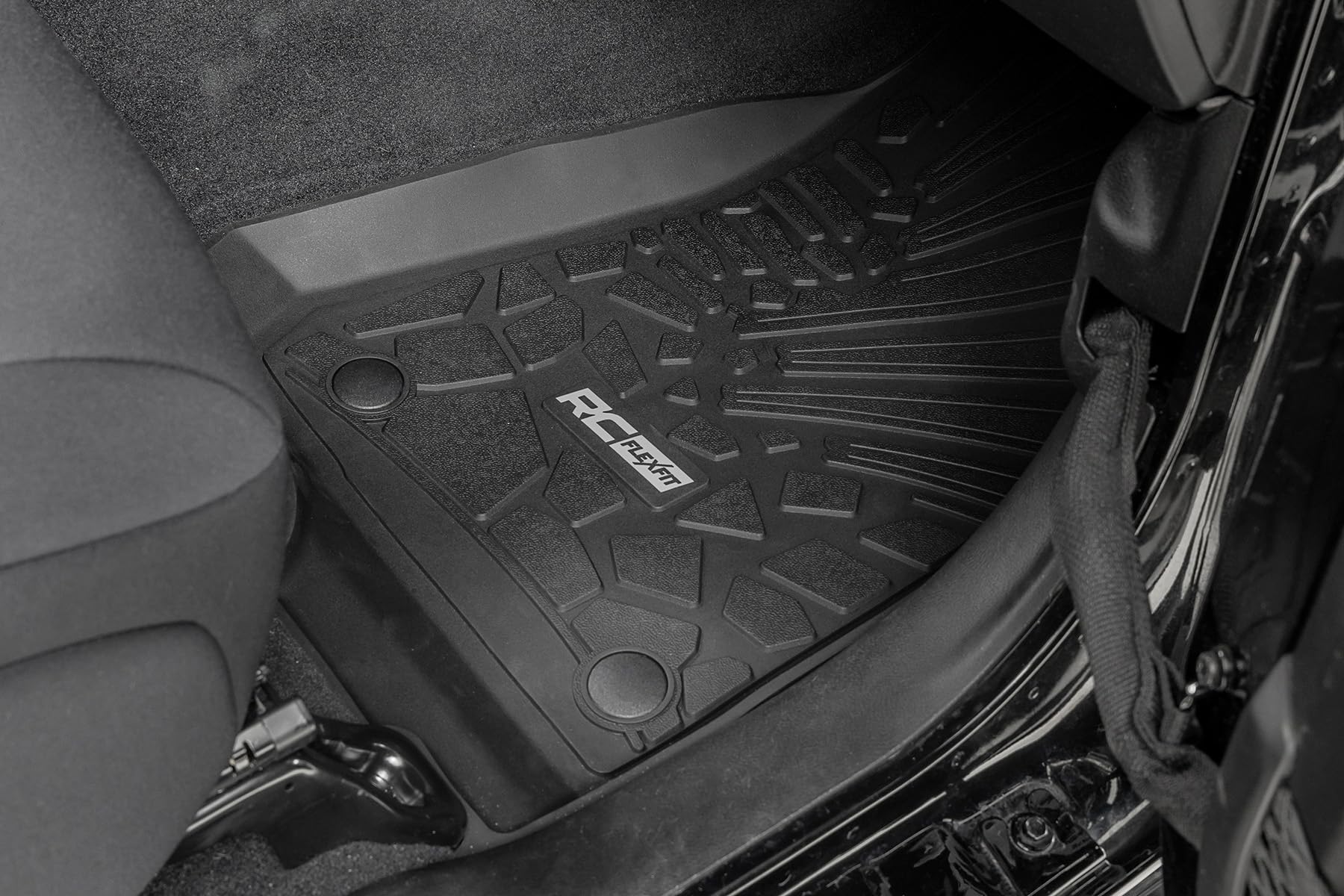 Rough Country Front Flex-Fit Floor Mats for Jeep Wrangler JL Unlimited 4-Door (2018-2025) - Custom All-Weather Non-Slip TPE Liners w/Spill Saver Lip