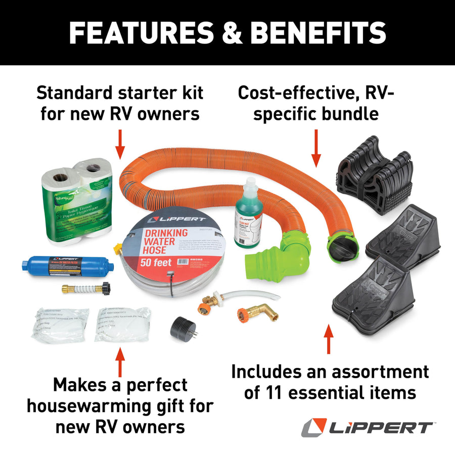 Lippert RV Starter Kit Standard with Power Adapter, Regulator, Filter, Tank Filler, Water Hose, Sewer Hose Kit, Hose Support, Tank Treatment, Toilet Paper, Wheel Chocks - 2023000843