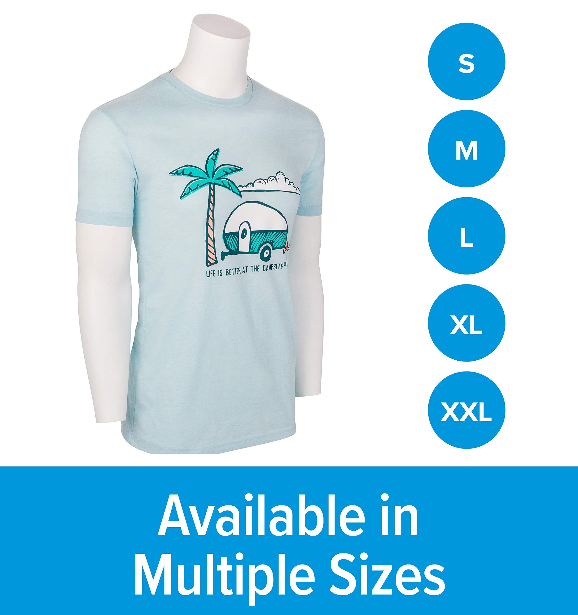 Camco Crew Neck Life is Better at The Campsite Short Sleeve T-Shirt | Features Soft Ring-Spun Cotton Fabric, Palm Tree and RV Design on Ice Blue, and is Machine Washable | Small (53335)