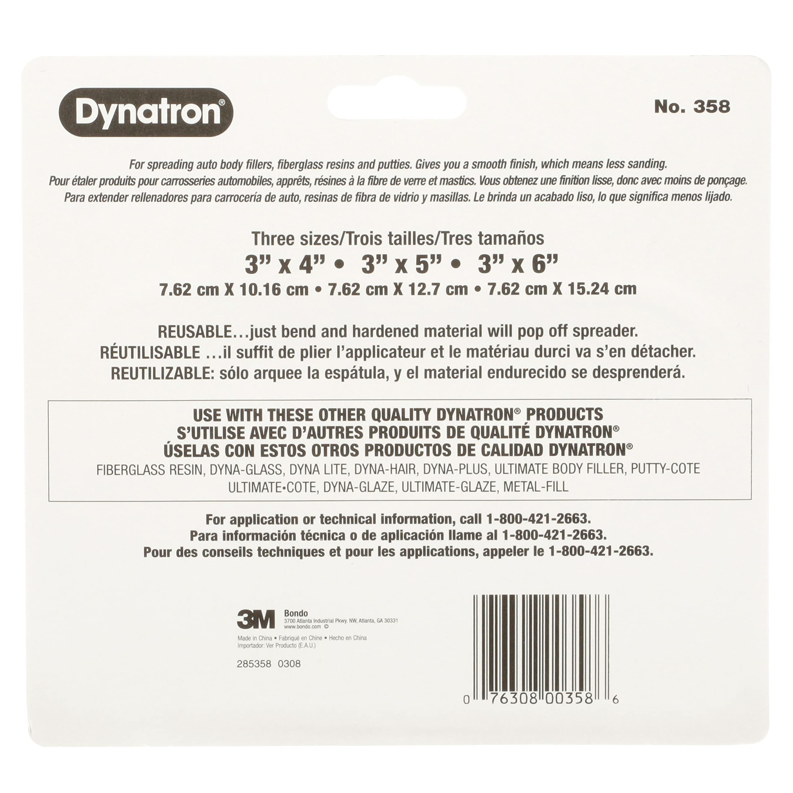 3M Dynatron, 1 Pack of 3 Spreaders, 4”, 5” and 6”, Used for Spreading of Fillers, Caulks, Glazes and Putties, 358