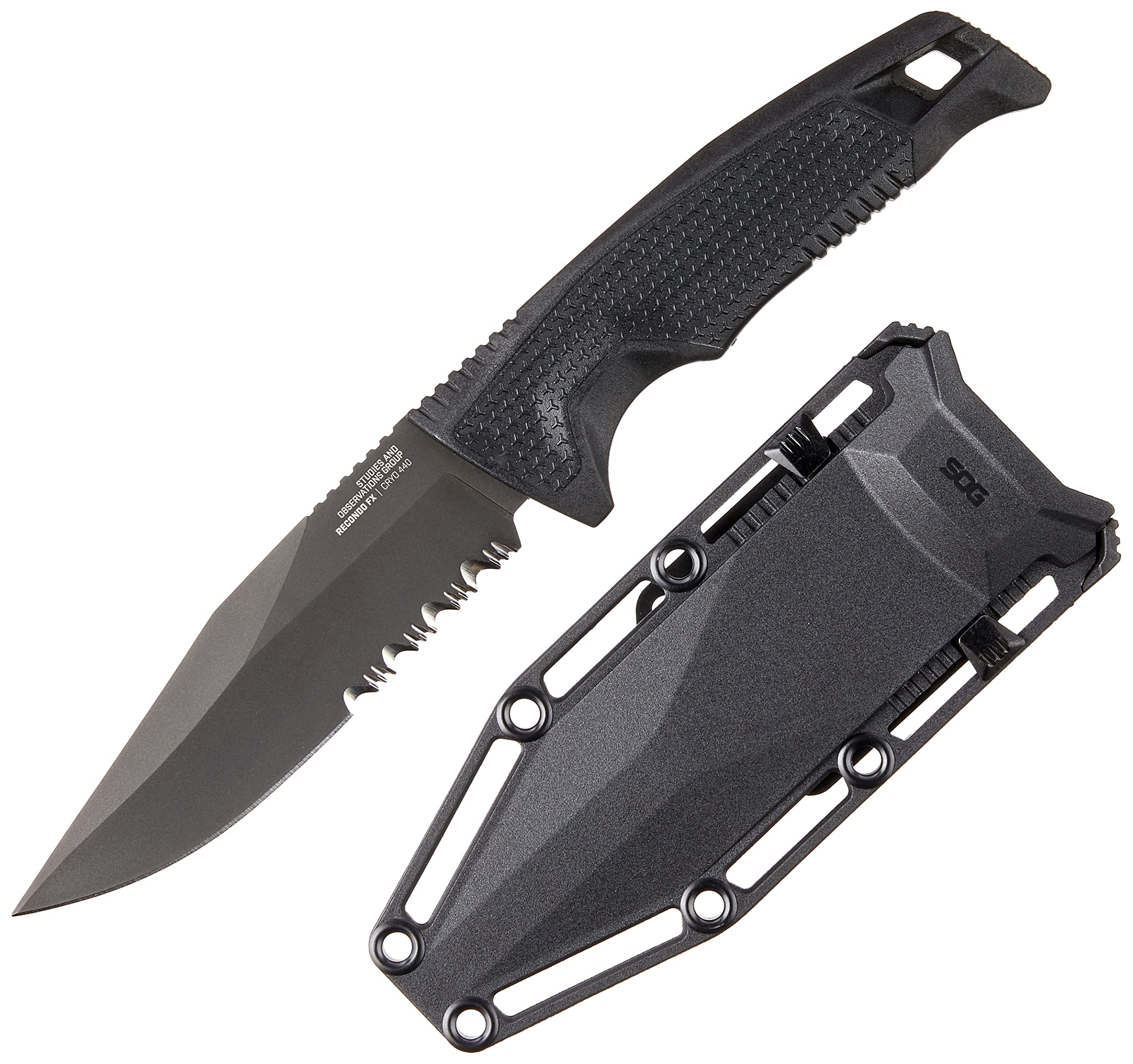 Recondo FX SOG Partially Serrated Fixed-Blade Tactical Duty Knife |Full-Tang CRYO 440C Stainless Steel Blade | Rubberized Grip, Black