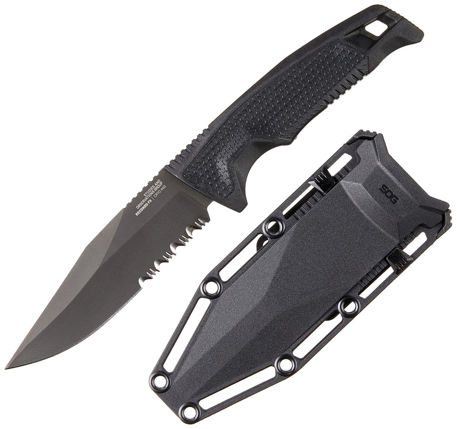Recondo FX SOG Partially Serrated Fixed-Blade Tactical Duty Knife |Full-Tang CRYO 440C Stainless Steel Blade | Rubberized Grip, Black