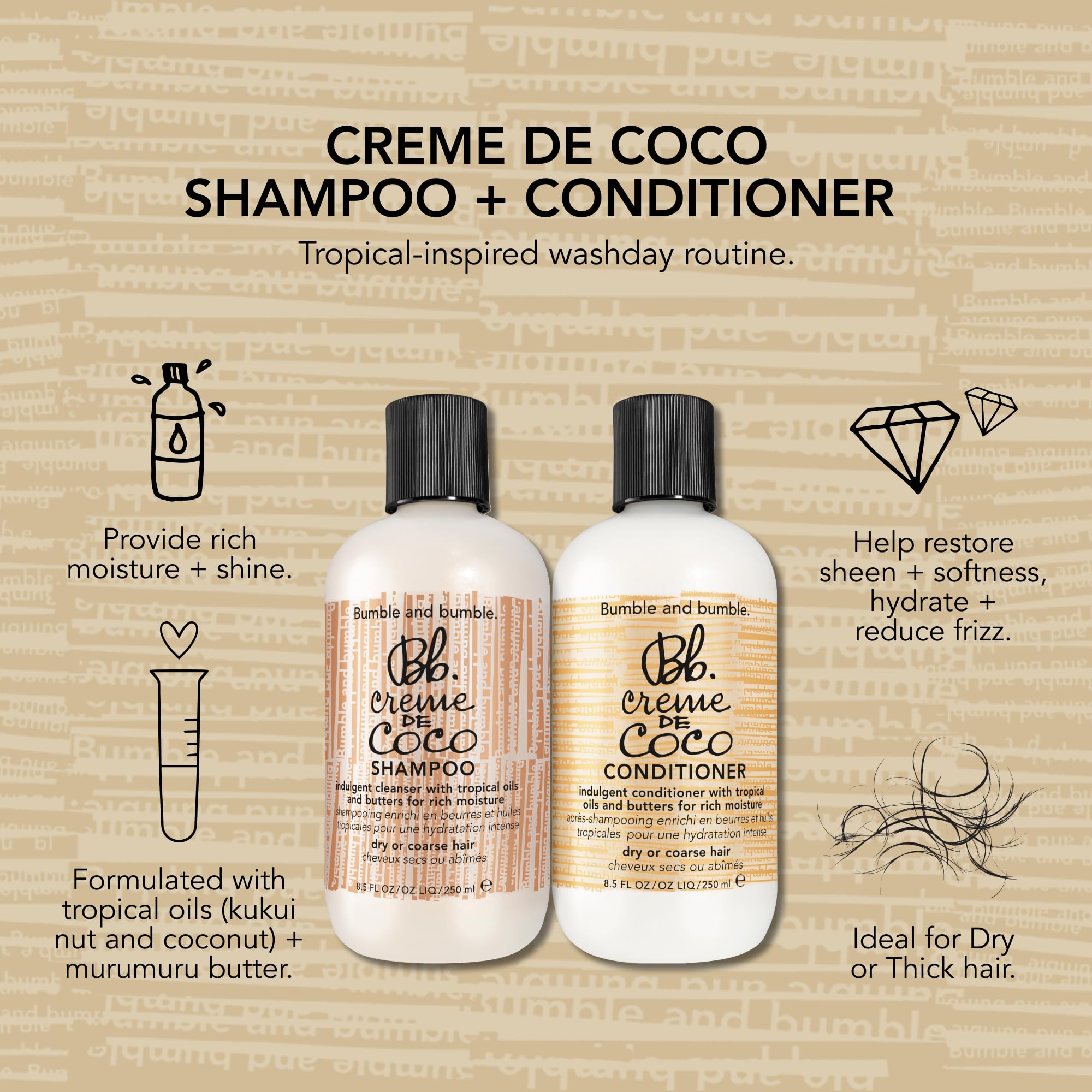 Creme De Coco Coconut Shampoo Bumble and bumble. | For Rich Moisture | Anti Frizz + Hydrating | Curly, Wavy, Straight, 8.5 Fl Oz
