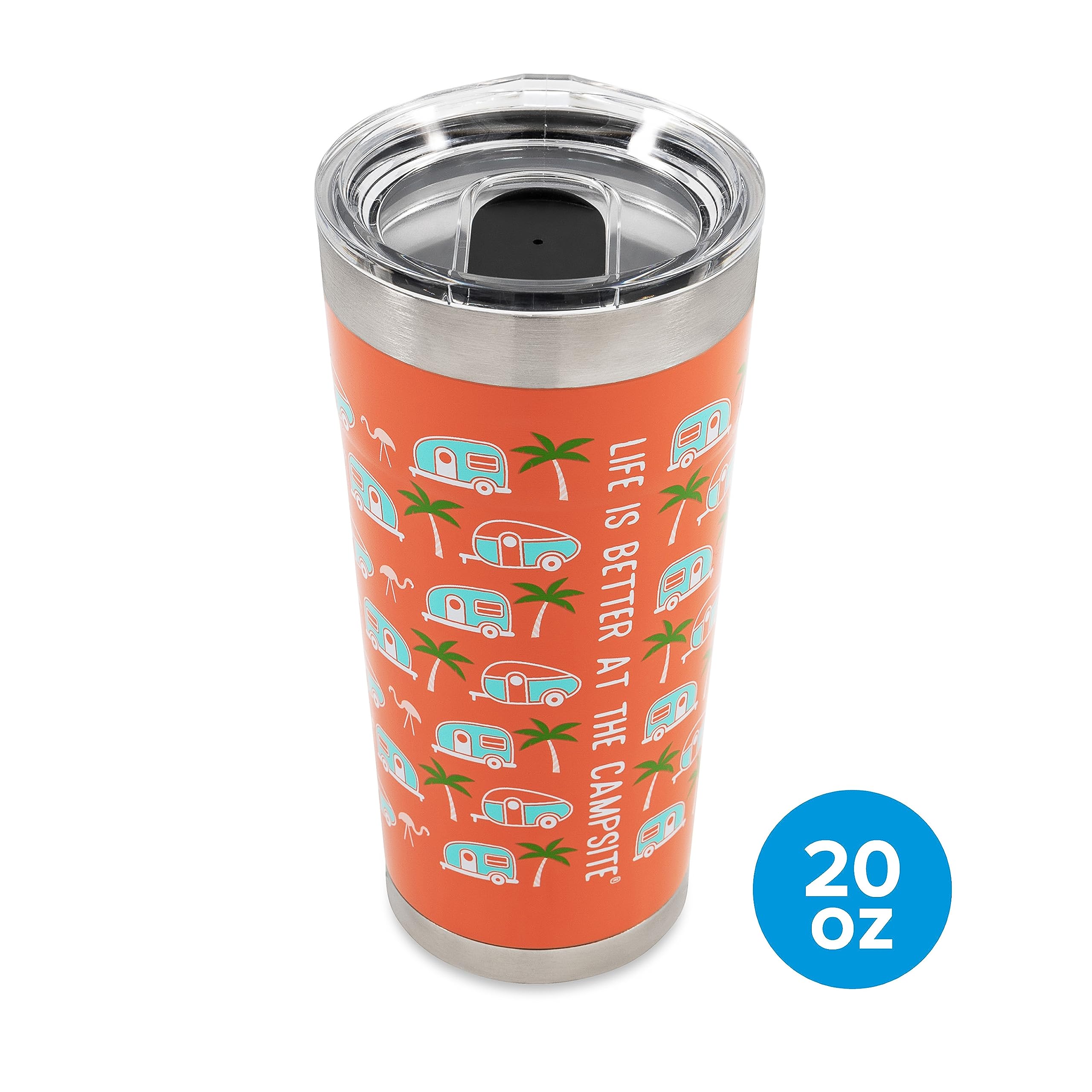 Camco Wrapped Stainless Steel Tumbler Life is Better at The Campsite - Features Double Wall Vacuum Insulation for Heat/Ice Retention & Unique Palm Tree Design - Holds 20 oz. (53322)