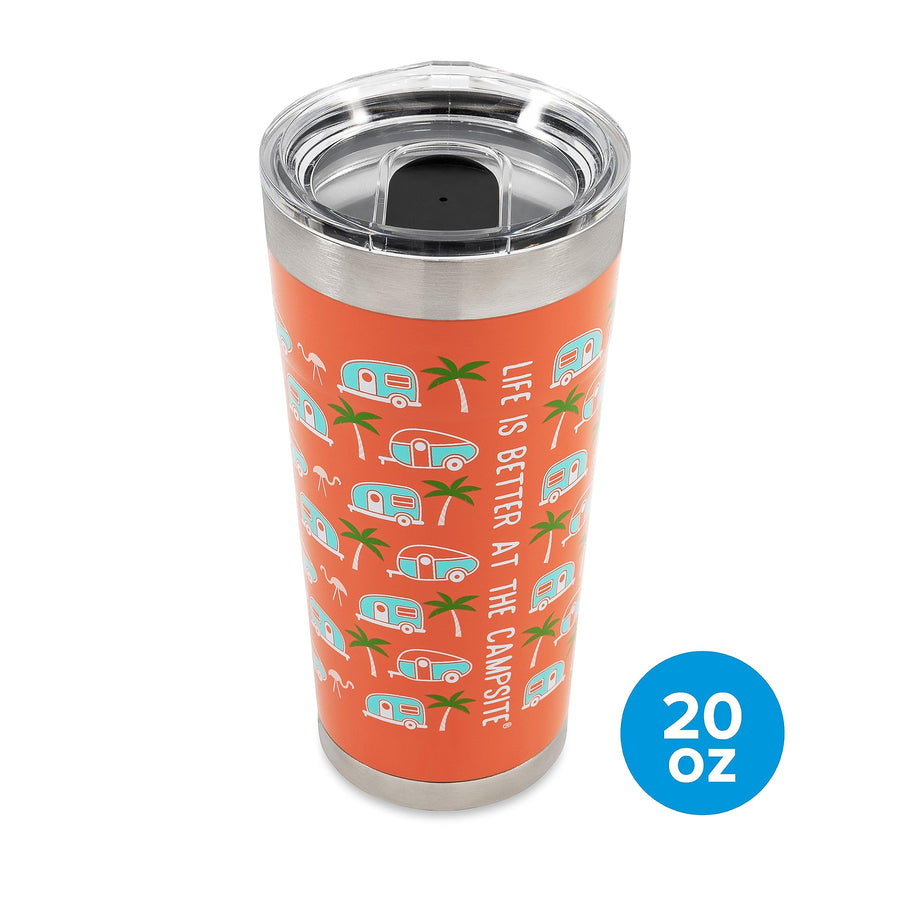 Camco Wrapped Stainless Steel Tumbler Life is Better at The Campsite - Features Double Wall Vacuum Insulation for Heat/Ice Retention & Unique Palm Tree Design - Holds 20 oz. (53322)