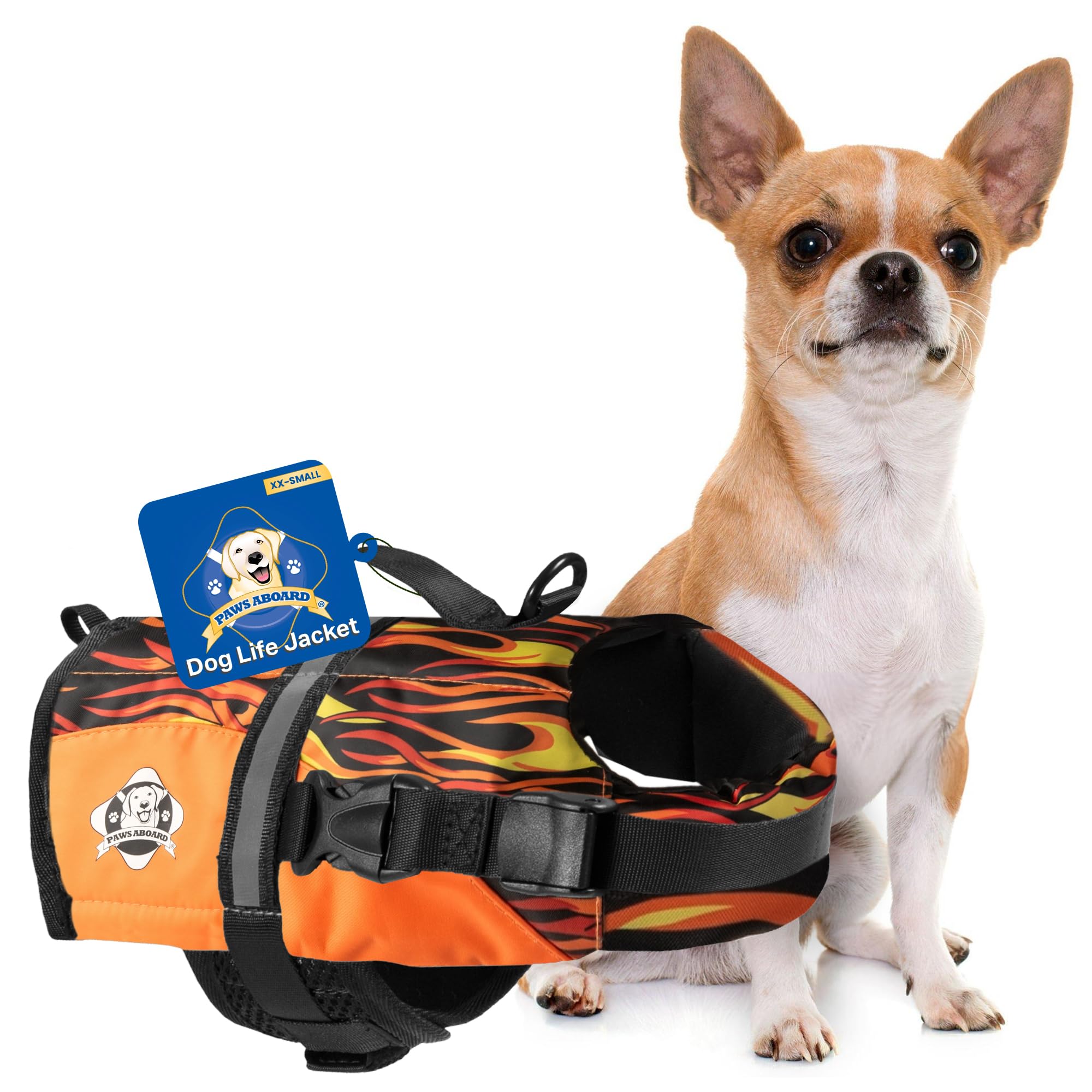 Dog Life Jacket Paws Aboard - Swimming Vest for Dogs, Adjustable, Reflective, Comfortable, Multiple Colors, Patterns, XX-Small to Extra Large Dog Swim Vest with Handle (Racing Flames, XX-Small)