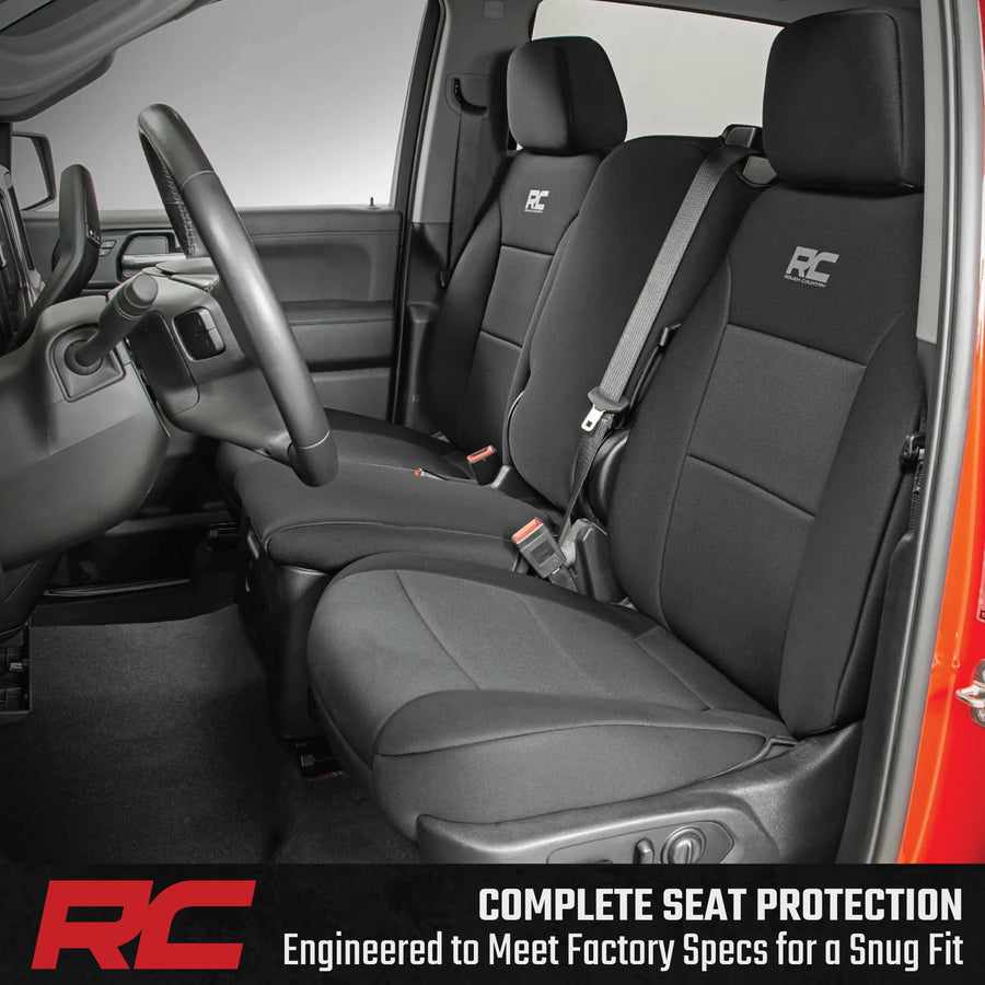 Rough Country Seat Covers Neoprene for Chevy Silverado/GMC Sierra 1500 (2019–2026) w/Rear Cup Holder - Waterproof, UV-Resistant, Foam Padded, Front & Rear Row Cover Set
