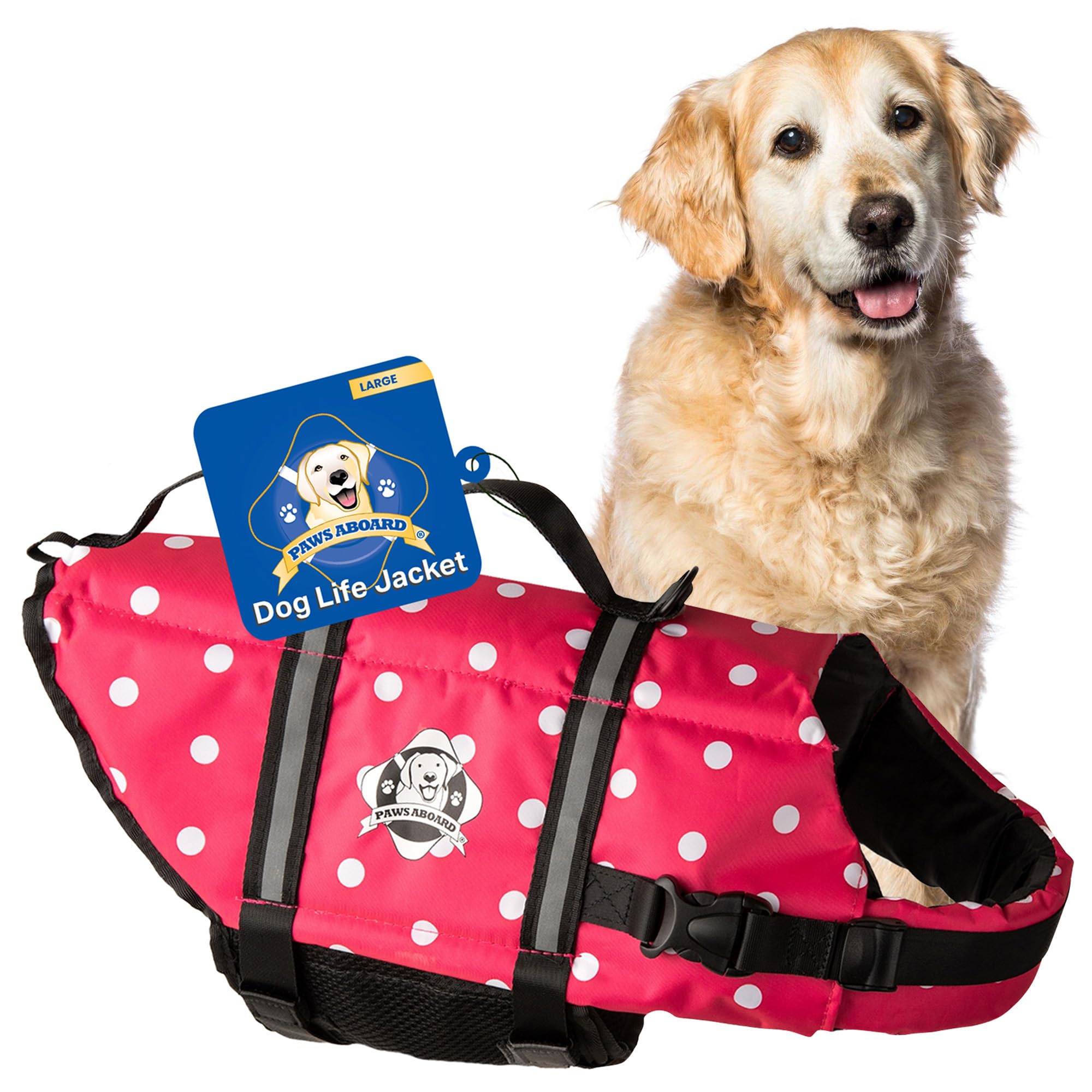 Dog Life Jacket Paws Aboard - Swimming Vest for Dogs, Adjustable, Reflective, Comfortable, Multiple Colors, Patterns, XX-Small to Extra Large Dog Swim Vest with Handle (Pink Polka Dot, Large)