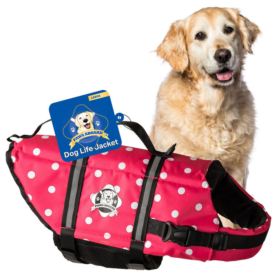 Dog Life Jacket Paws Aboard - Swimming Vest for Dogs, Adjustable, Reflective, Comfortable, Multiple Colors, Patterns, XX-Small to Extra Large Dog Swim Vest with Handle (Pink Polka Dot, Large)
