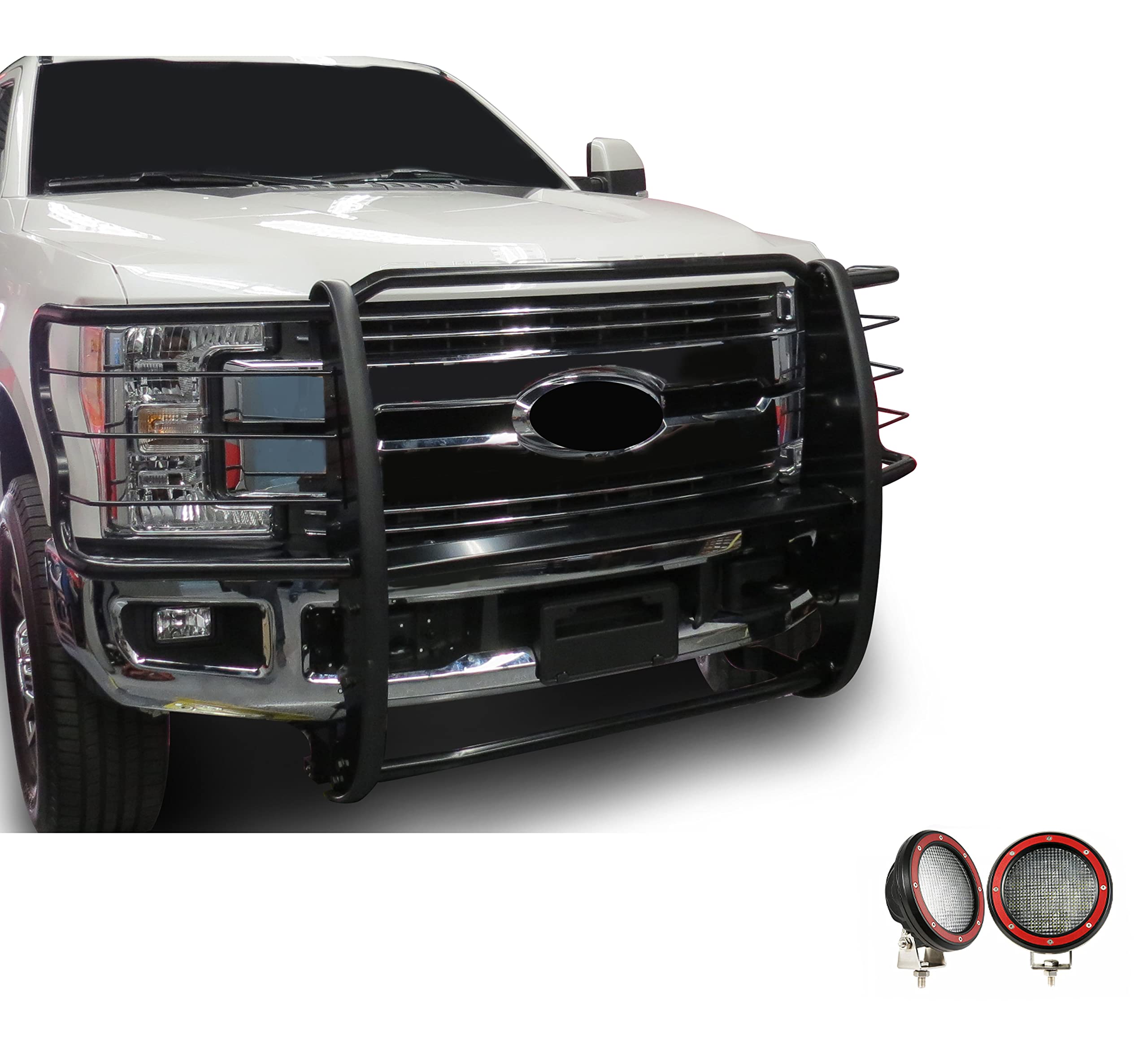 Bumper Guard Black Horse Grille brush Modular Come With Pair of 5.3"LED Lights with Red Trim Rings Compatible with 2017-2023 Ford F-250/Ford F-350/Ford F-450/Ford F-550 Super Duty-17FB28MA-PLFR