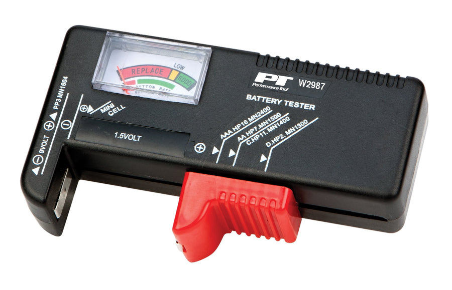 W2987 Performance Tool - Compact Battery Tester for Standard and Rechargeable Batteries with Color-Coded Display and No Battery Required