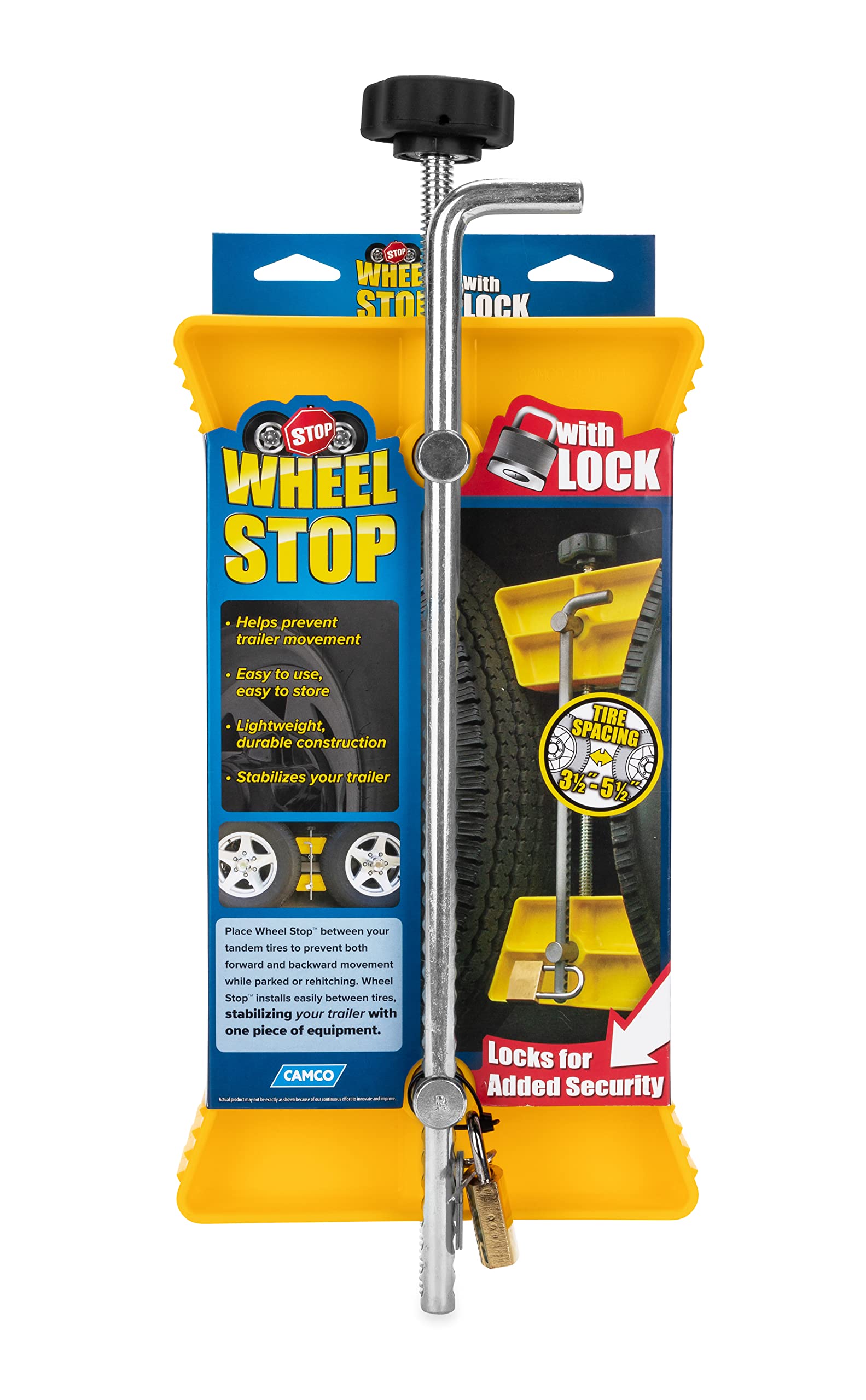 Camco Wheel Stop RV with Padlock- Stabilizes Your Trailer by Securing Tandem Tires to Prevent Movement While Parked- 26" to 30" Tires- Large (44642)