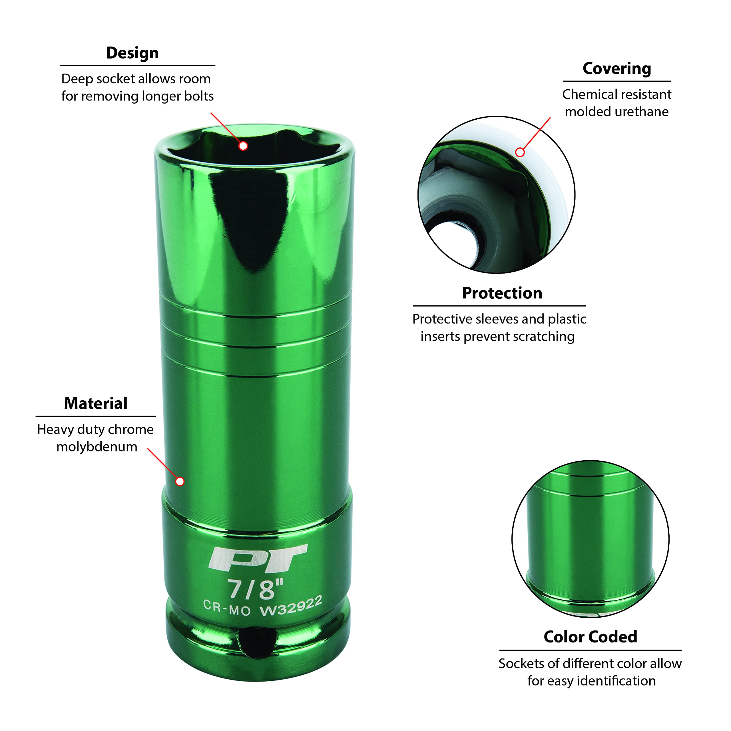 Performance Tool 1/2-Inch Impact Drive W32922 7/8-Inch Thin Wall Socket, Green