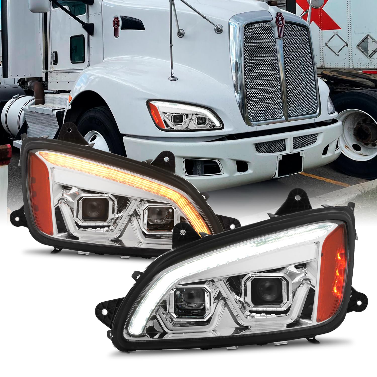 AKKON - 2008-2017 Fit Kenworth T660 LED DRL Switchback Projector Headlight Chrome Assembly Driver + Passenger Set