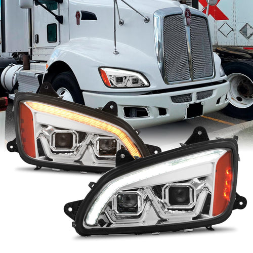 AKKON - 2008-2017 Fit Kenworth T660 LED DRL Switchback Projector Headlight Chrome Assembly Driver + Passenger Set