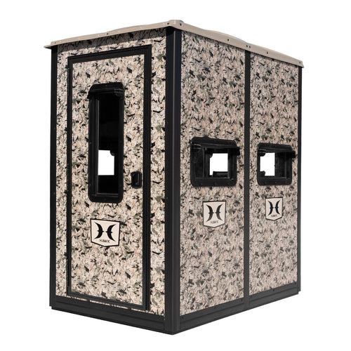 Double Hawk Hunting 4' W x 6' D x 6.5' T Assembled Camo Concealing Insulated Steel Box Blind | Floor with Rubber Pad and Multiple One-Hand-Operable Windows | Blind Only