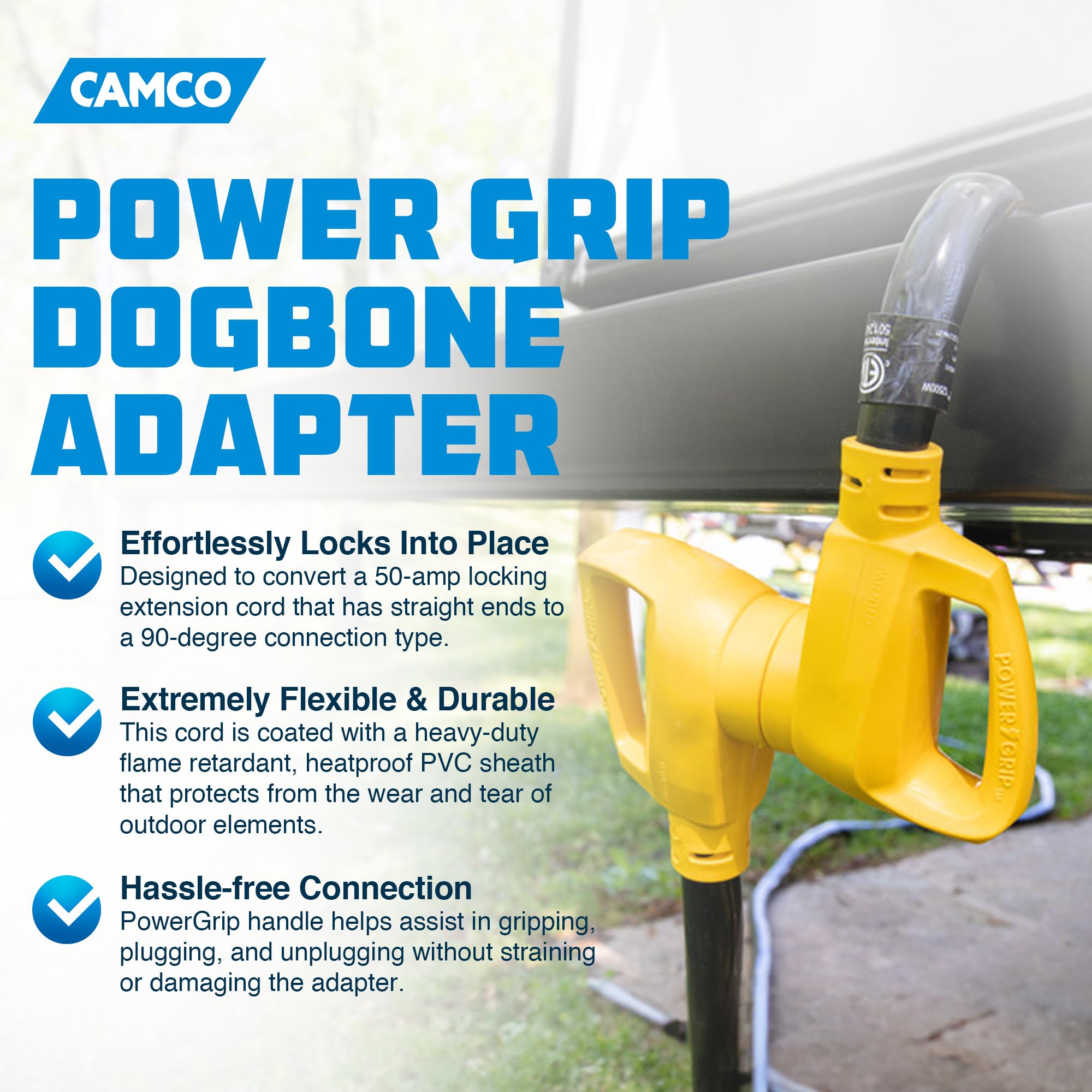 Camco 55572 50 AMP Locking Male/50 AMP Locking 90 Degree Female 18" PowerGrip Dogbone Electrical Adapter
