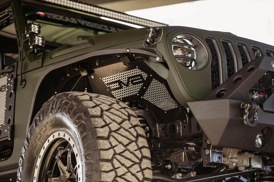 Inner Fender Liner Set DV8 Offroad fits 2018-2023 Jeep Wrangler JL & 2020-2023 Gladiator JT | Front Wheel Wells | Vented for Airflow | Aluminum Construction | Black Finish