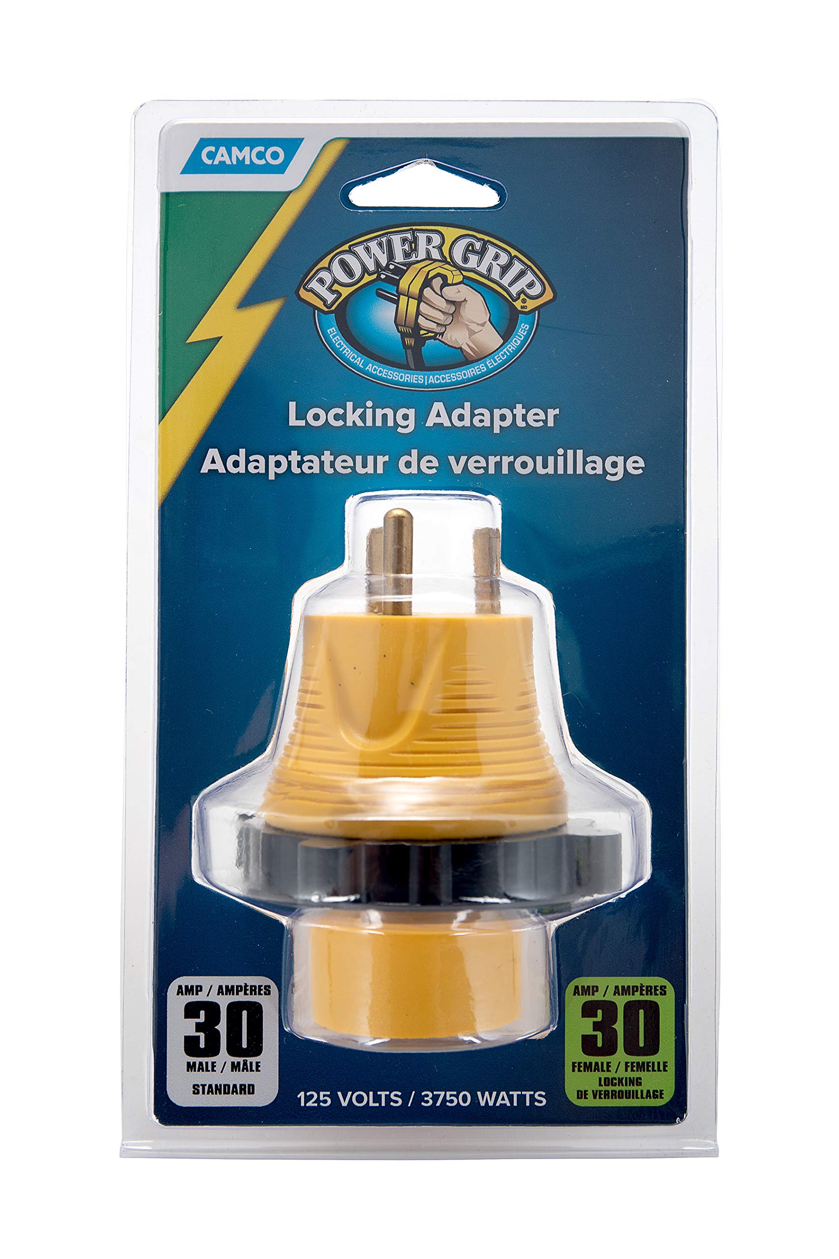 Camco 30A-30A Power Grip RV/Camper Locking Adapter | Compatible with 30-Amp Locking Plugs | Weatherproof Connection | Easy Outlet Removal | 125 Volt / 3750 Watt (55642)