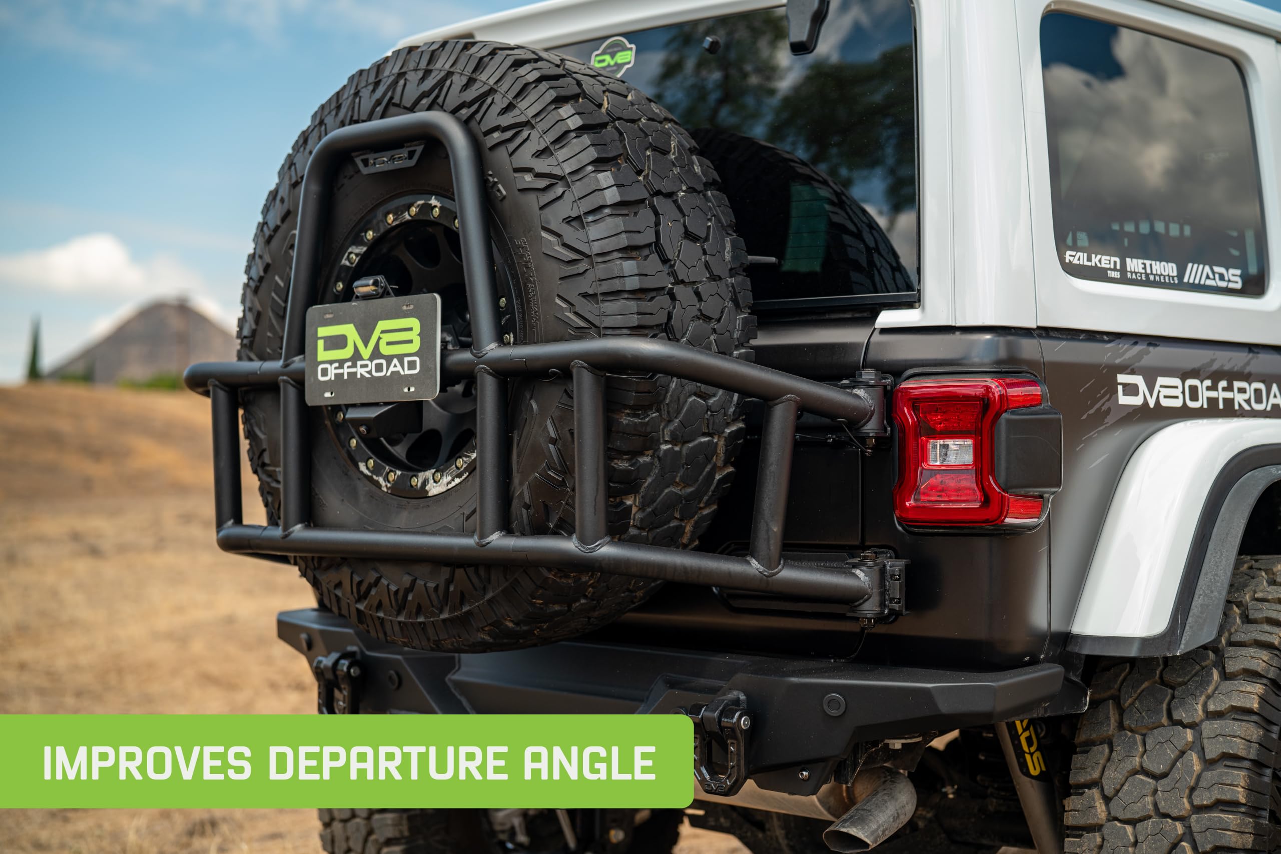 DV8 Offroad Tire Carrier Body Mounted for 2018-2025 Jeep Wrangler JL | Removes Weight of Spare from Door Hinges | Fits Up to a 40 x 13.50 Tire with a -25 Max Offset | Improves Departure Angle | Steel