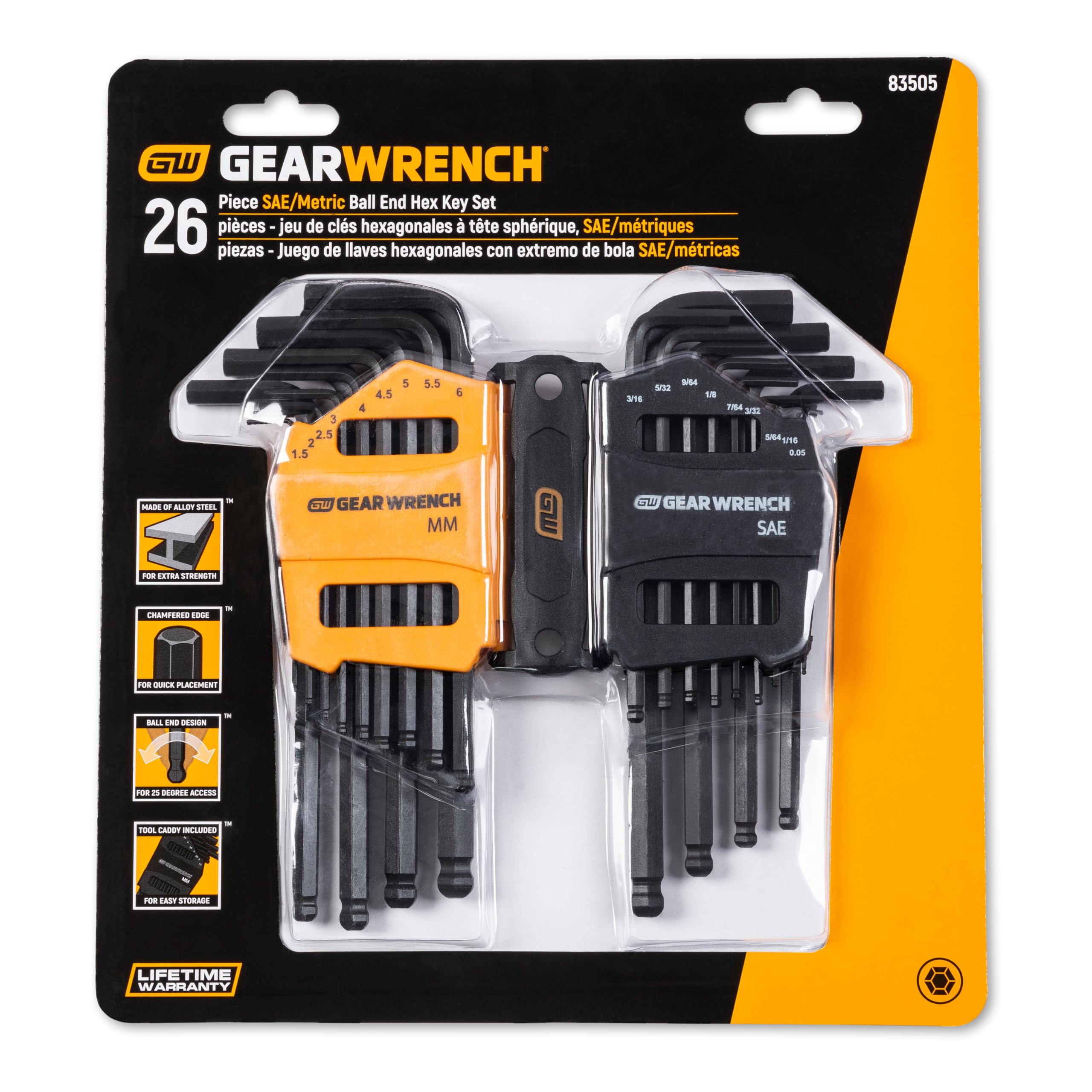 26 Piece GEARWRENCH SAE/Metric Ball End Long Arm Hex Key Set - 83505