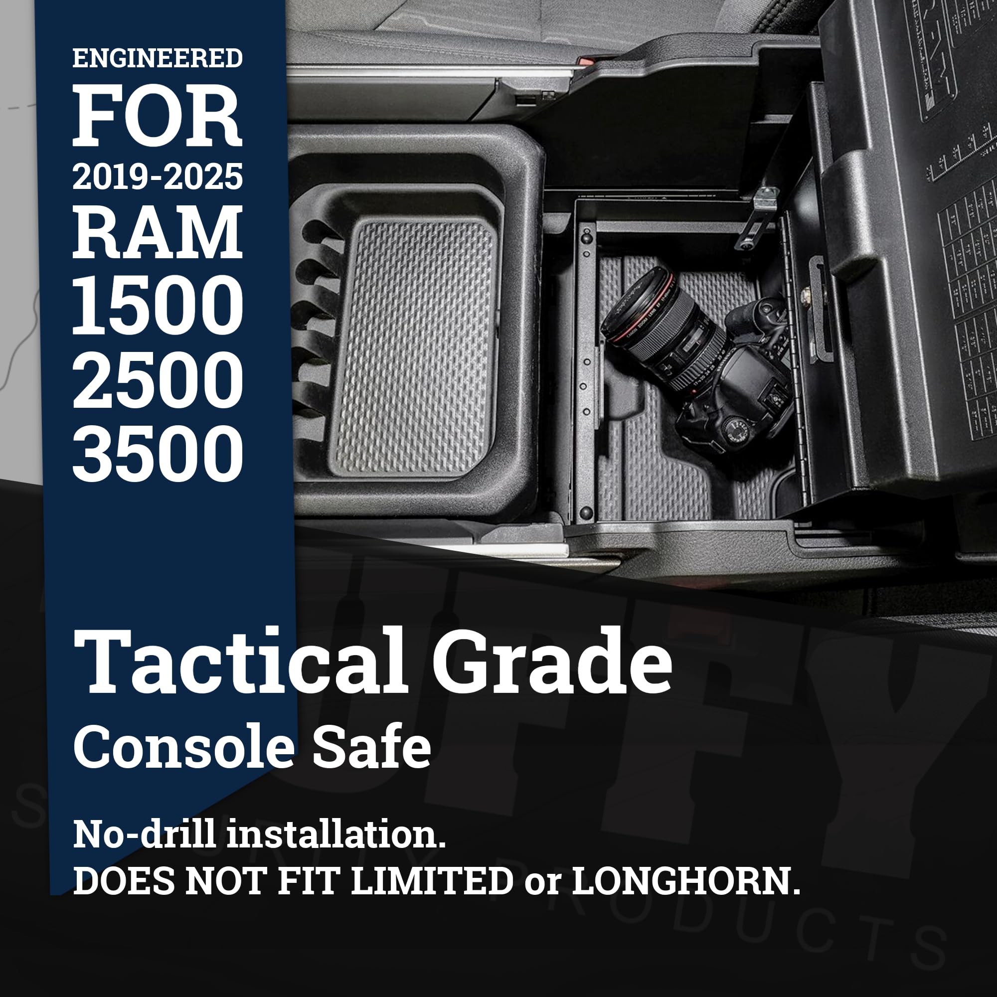 Tuffy Safe Center Console for RAM 1500/2500/3500 2019–2025, 16-Gauge Steel Insert, Pry-Guard Lock, No-Drill, Fits Full Console w/Sliding Tray – Does Not Fit Classic Limited or Longhorn