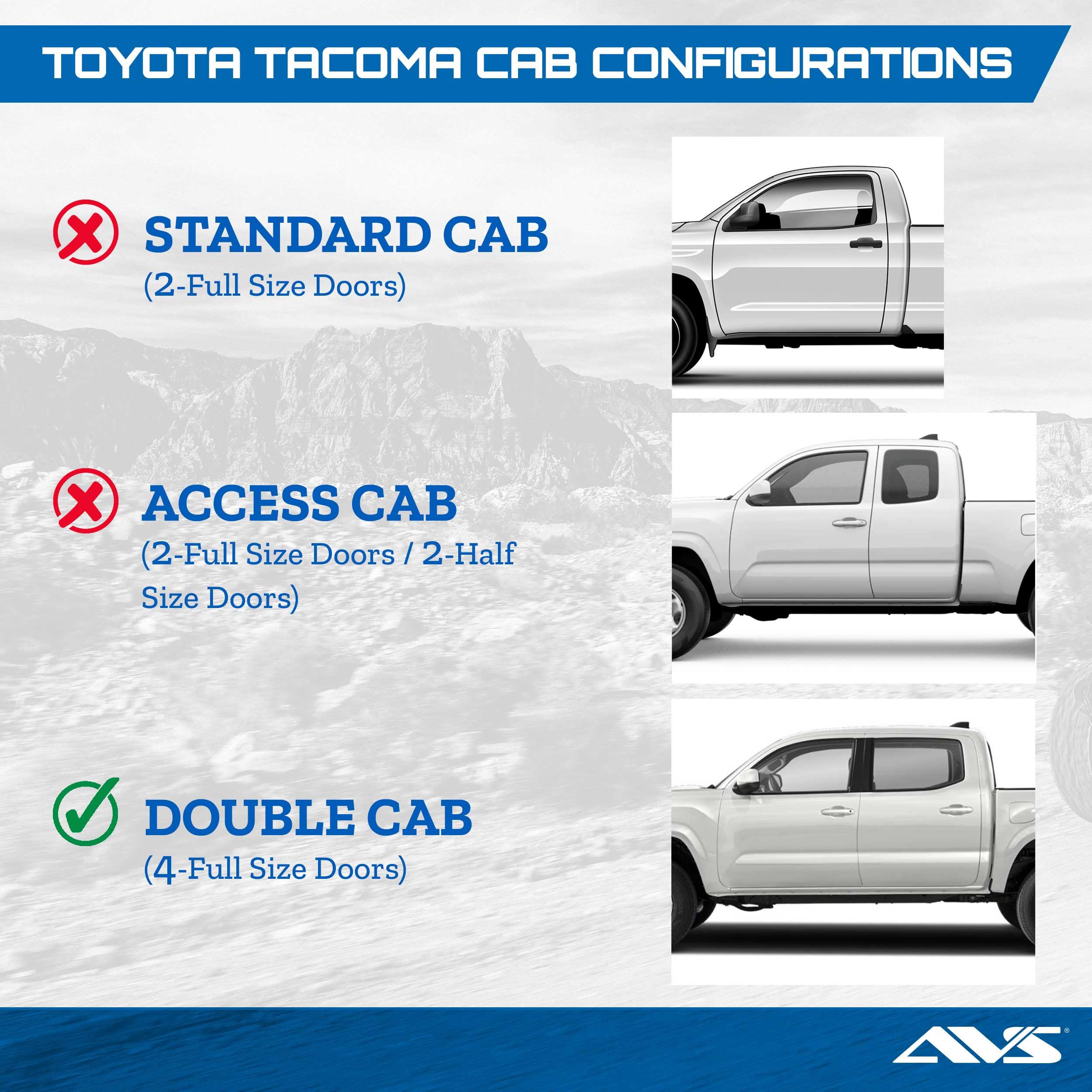 Low Profile Auto Ventshade [AVS] Rain Guards For 2016 - 2023 Toyota Tacoma DOUBLE/EXT CAB ONLY | Window Vent Visors, 4 pcs. - Dark Smoke | 994036