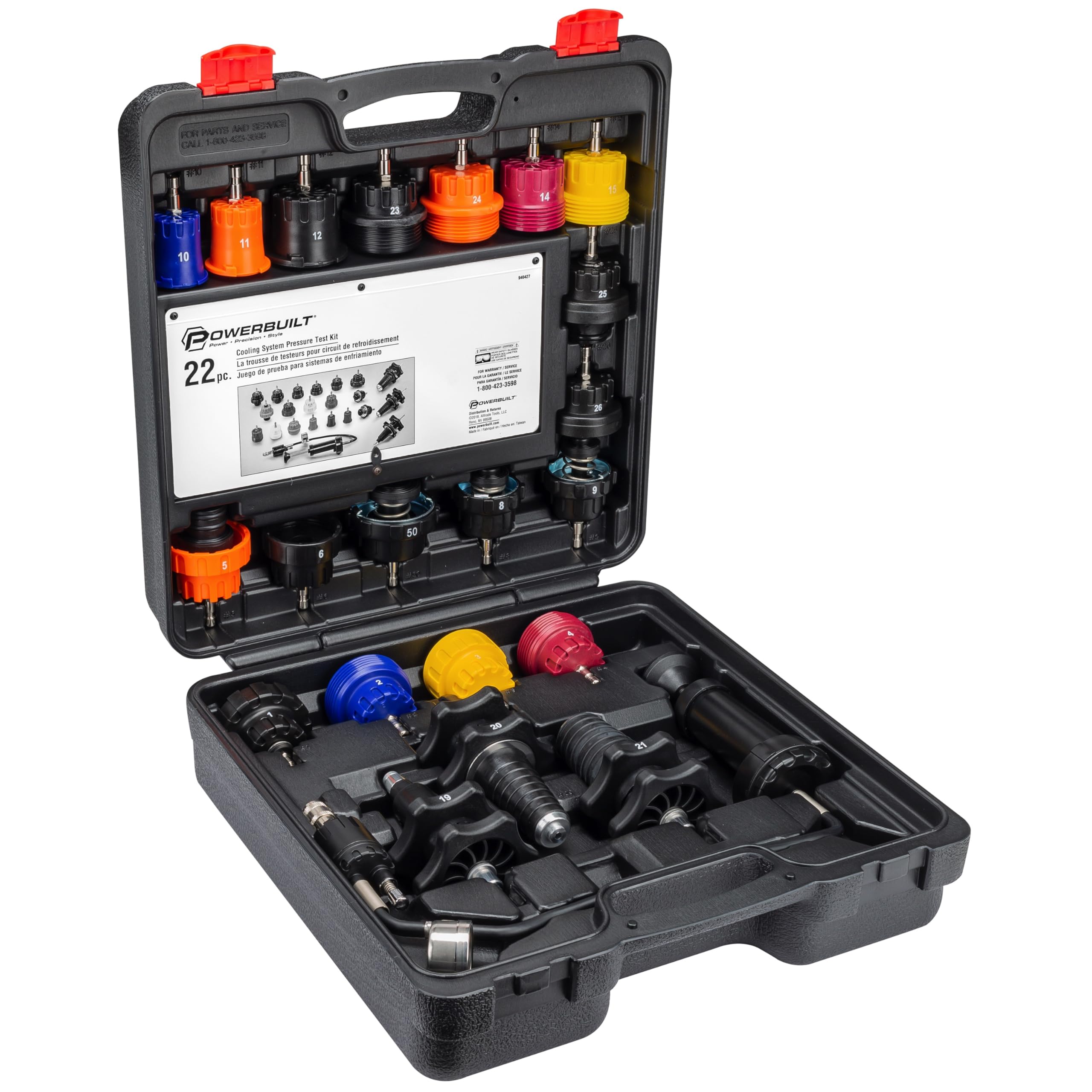 22 Piece Powerbuilt Cooling System Pressure Tool Kit, Service and Leak Detection for Cars and Trucks, Coolant Adapters, Storage Case 940427