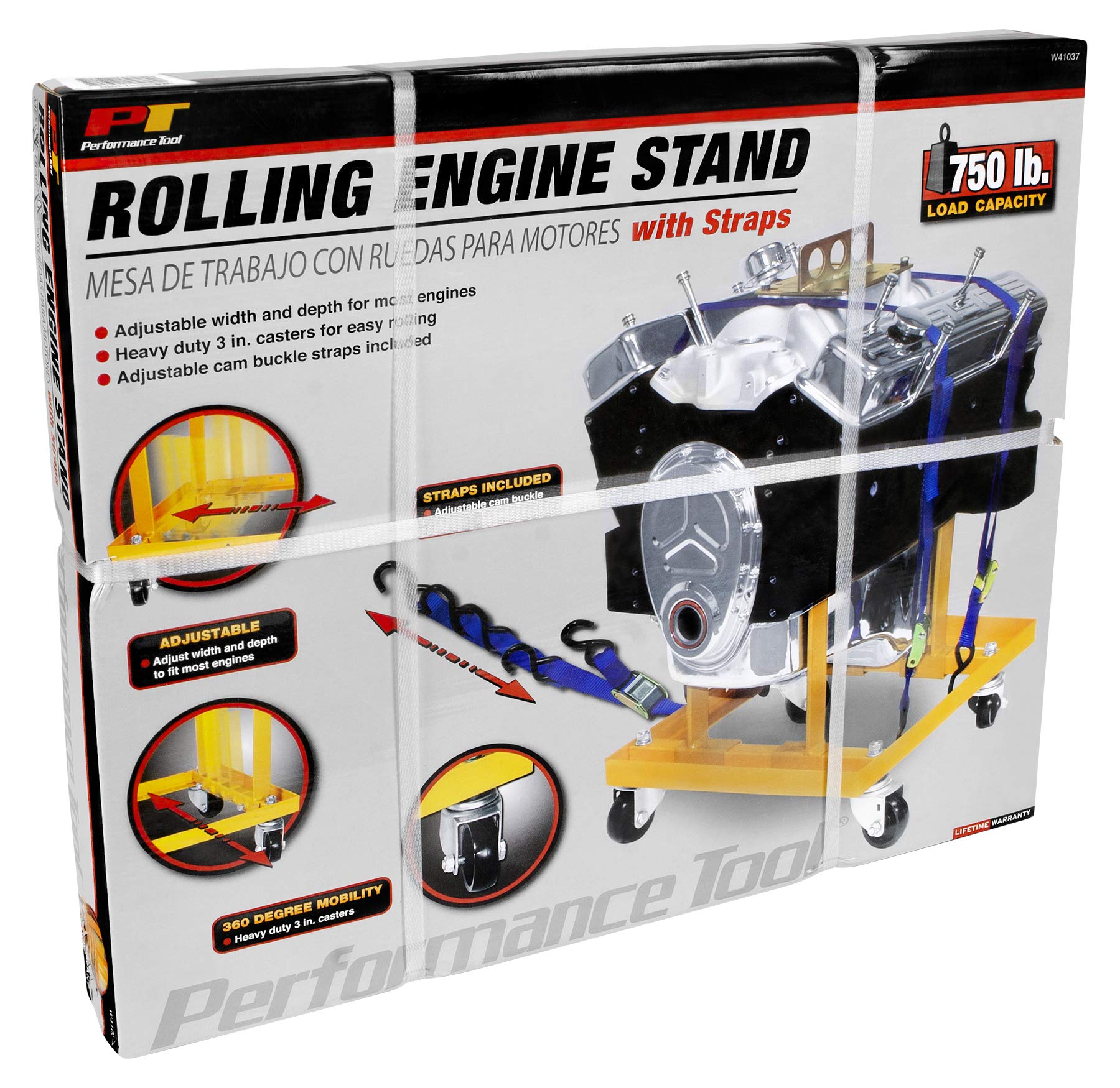 Rolling Engine Stand Performance Tool W41037 with Straps for Vehicle Maintenance, Yellow, 750-lb Capacity