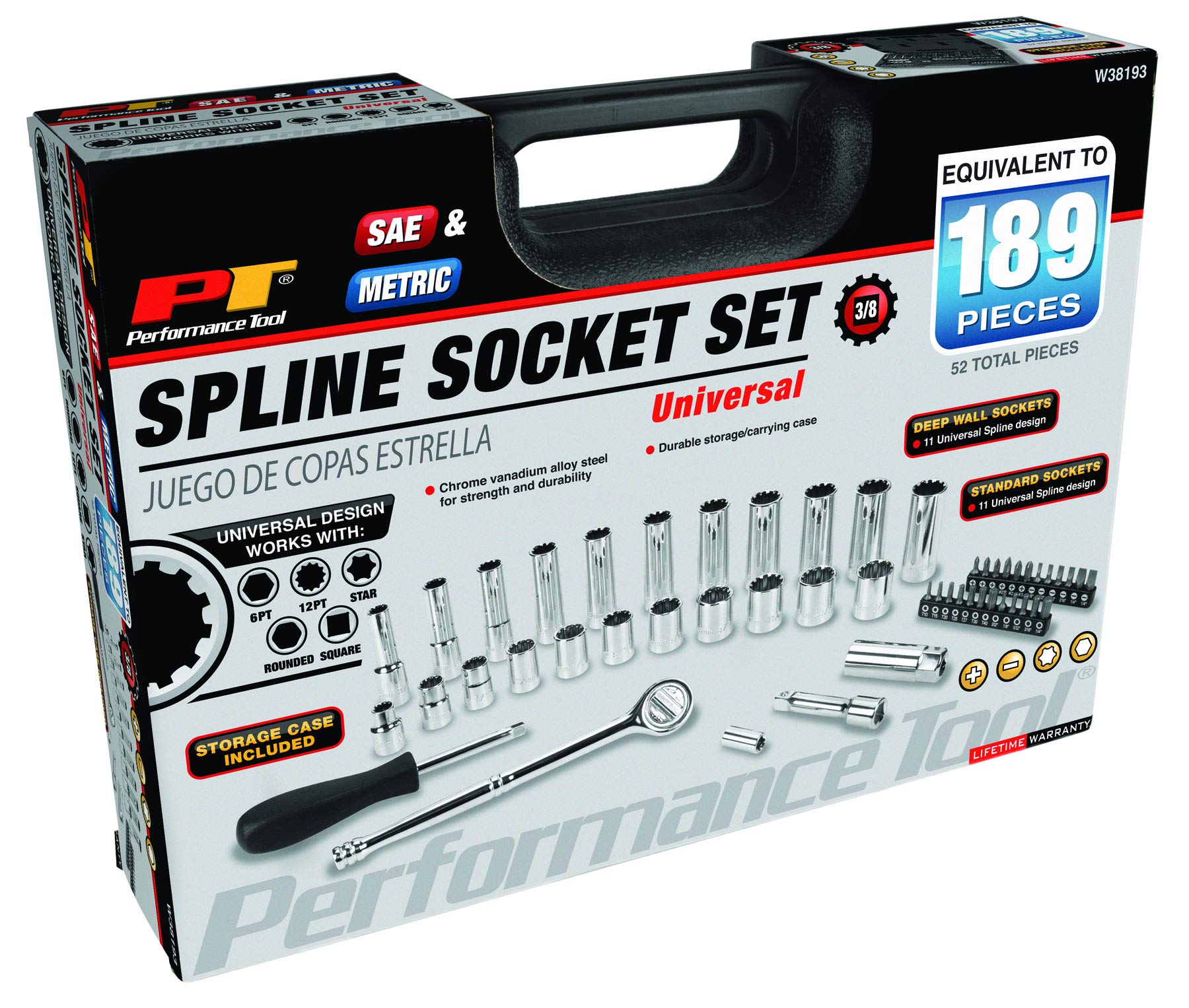 W38193 Performance Tool 52-Piece Universal Socket Set with SAE and Metric Spline, Chrome Vanadium Steel Construction, and Durable Storage Case