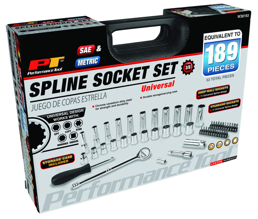 W38193 Performance Tool 52-Piece Universal Socket Set with SAE and Metric Spline, Chrome Vanadium Steel Construction, and Durable Storage Case