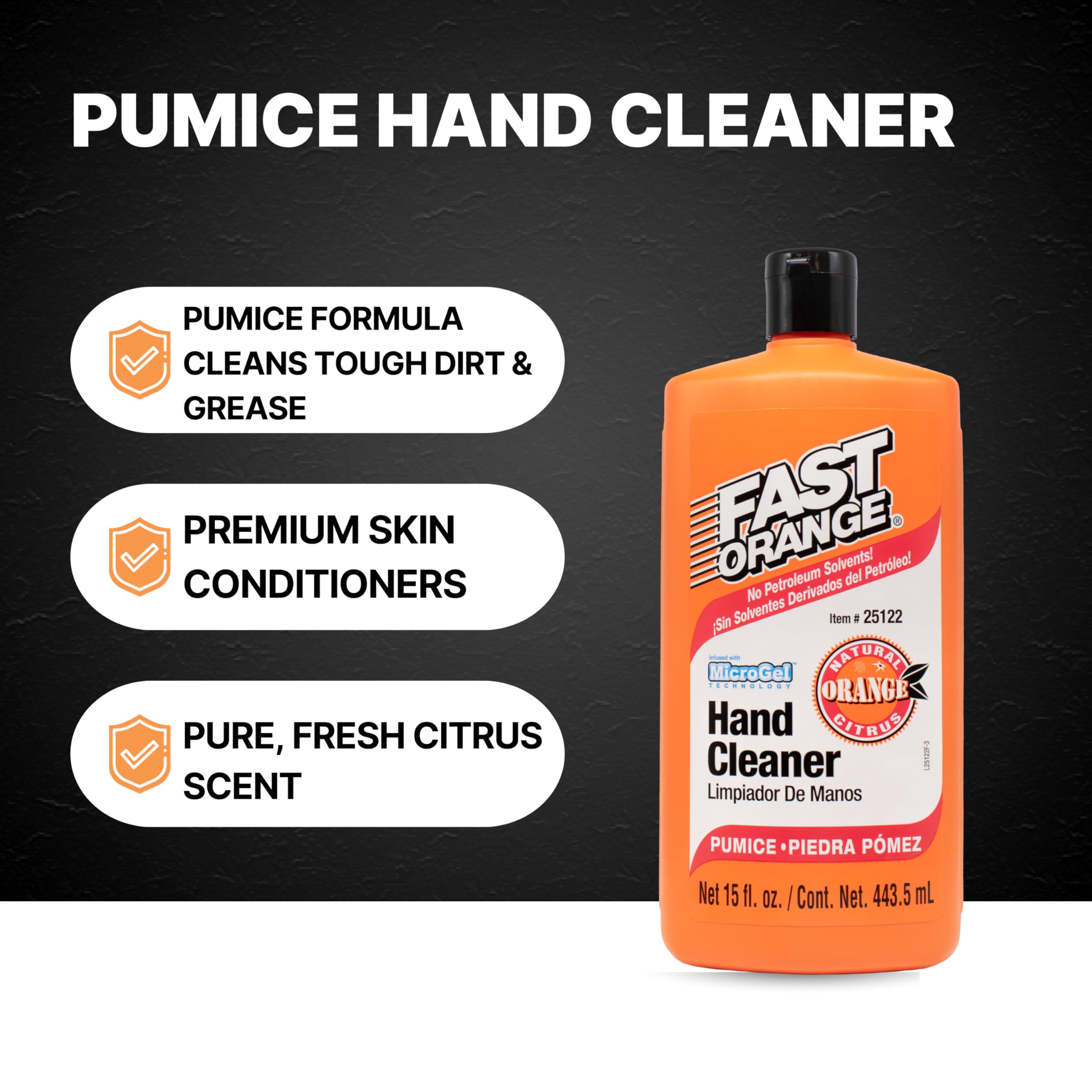 Pumice Lotion Fast Orange 25122, Heavy Duty Hand Cleaner, Natural Citrus Scent, Waterless Cleaner For Mechanics, Strong Grease Fighter, 15 oz