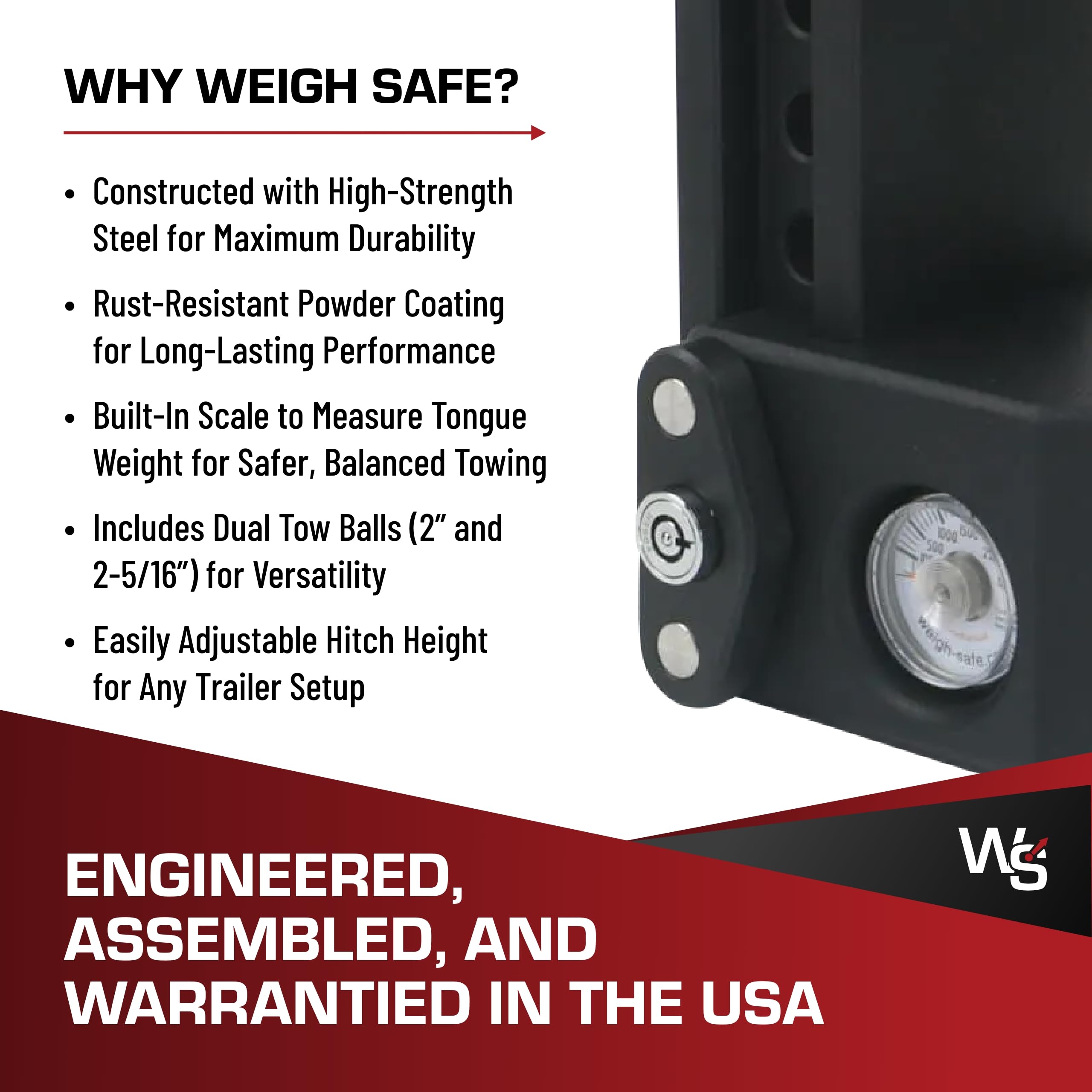 Weigh Safe Drop Hitch Steel - Adjustable Trailer Hitch with Ball Mount - Designed for 2" Receivers - Includes 2 Tow Balls - 6" Drop, 15,000 GTW, 2-Piece Lock Set