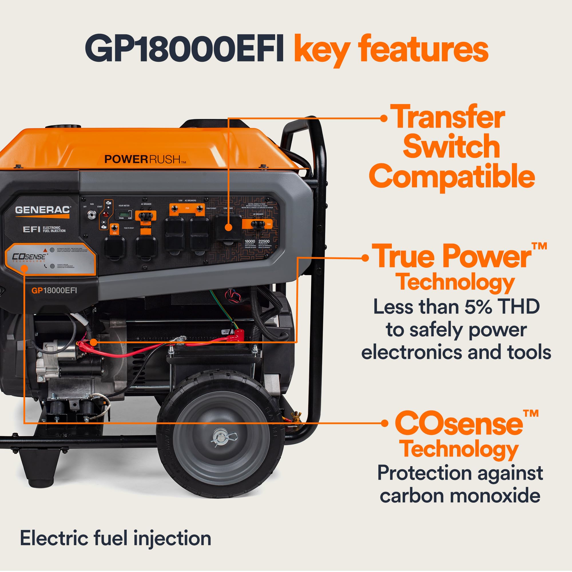 Portable Gas Generator Generac 22,500 Starting Watt - Electric Start - Home Backup or RV Ready - Heavy Duty Frame - Quiet, Long Runtime, Emergency Power - 49-State Compliant