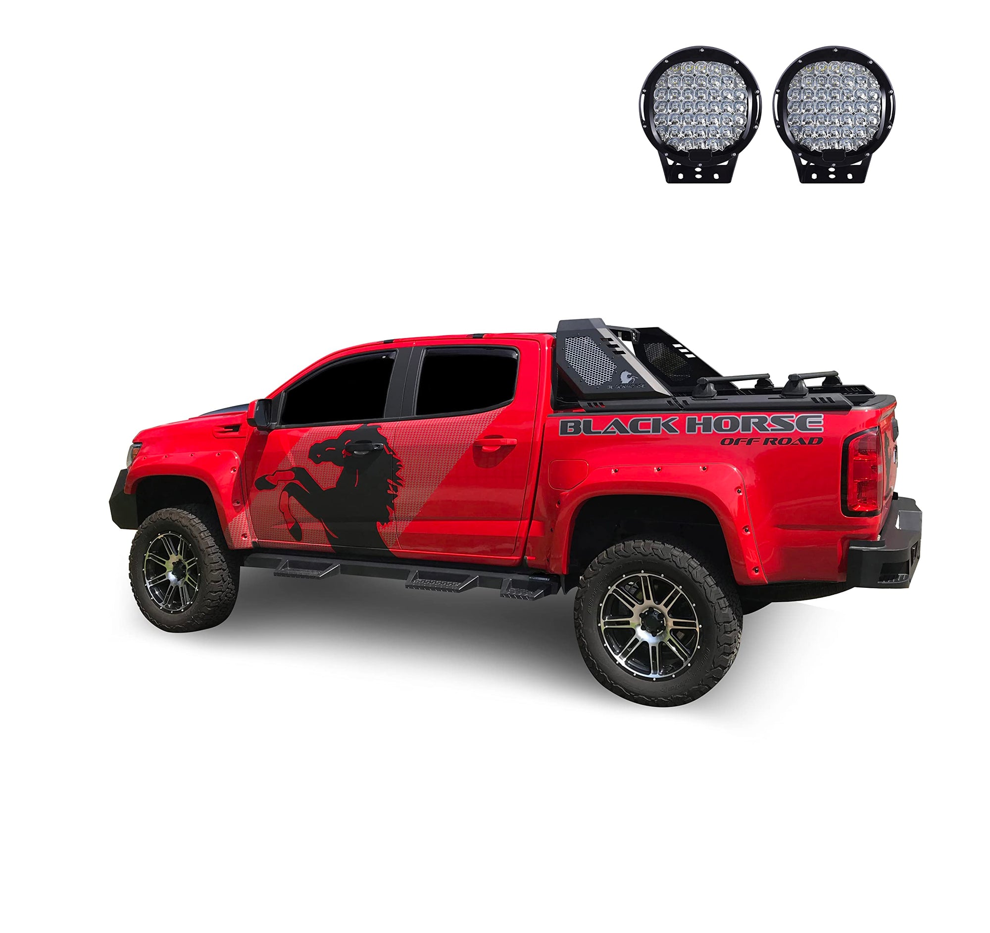 Vigor Black Horse Roll Bar W/Cross Bar Incl.Set of 9" Black Round LED Light Modular Black Compatible with 2015-2022 Chevrolet Colorado|2015-2022 GMC Canyon-VRCB6405B-PL69B