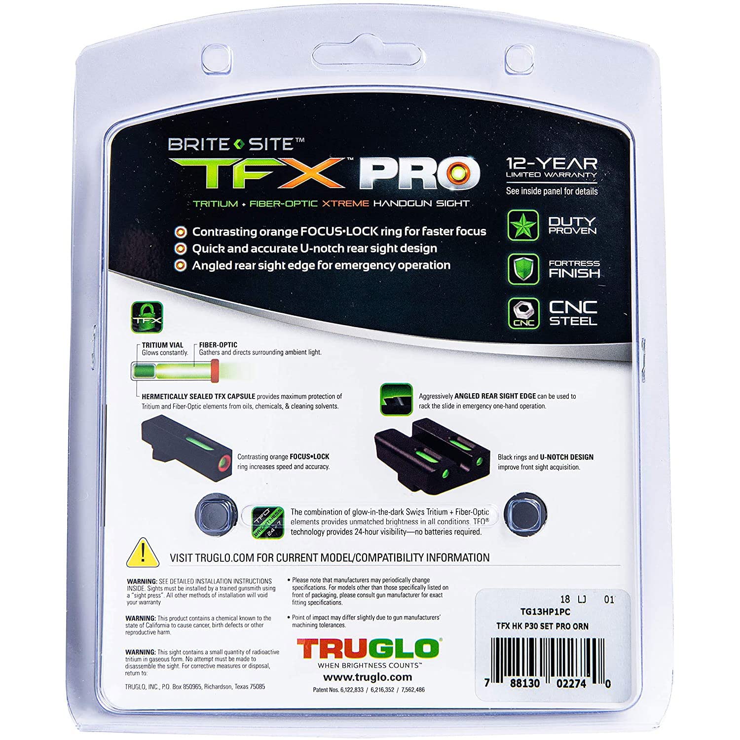 TFX Pro TRUGLO Tritium and Fiber Optic Xtreme Handgun Sights for H&K VP9, VP40, P30, P30SK, P30L, 45, and 45 Tactical Pistols, Black, One Size