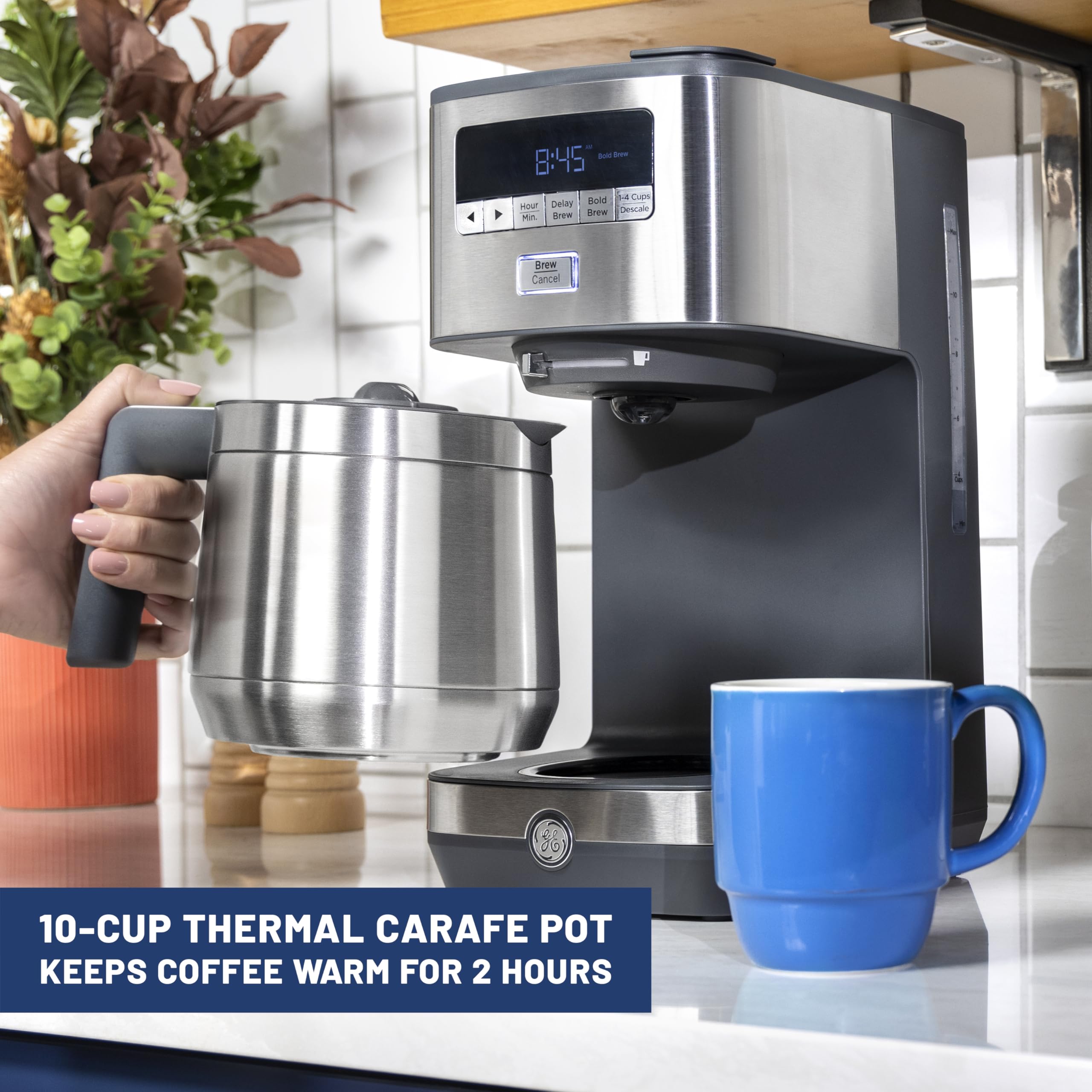 Drip Coffee Maker GE With Timer | 10-Cup Thermal Carafe Coffee Pot Keeps Coffee Warm for 2 Hours | Adjustable Brew Strength | Wide Shower Head for Maximum Flavor | Kitchen Essentials | Stainless Steel