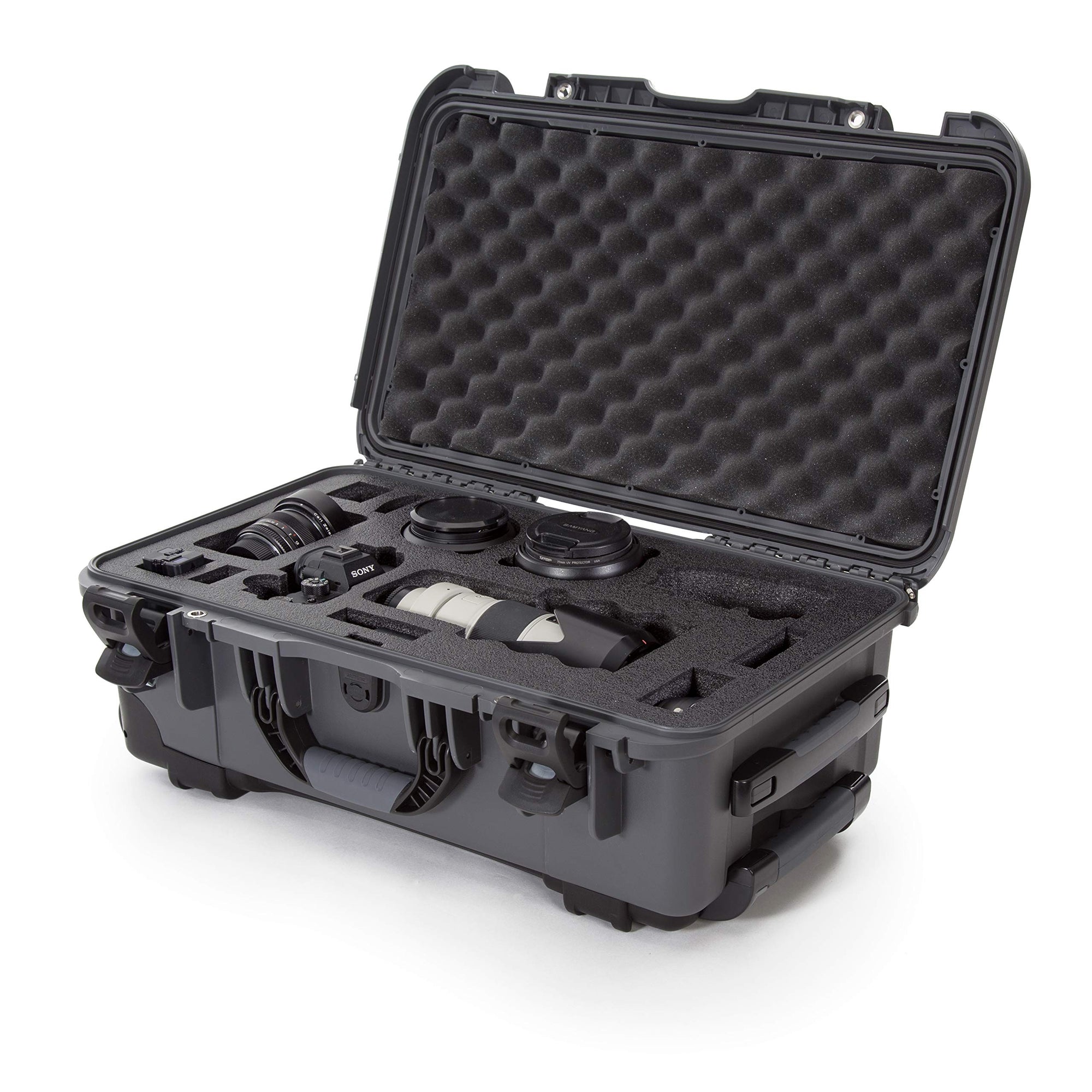 Waterproof Nanuk 935 Carry-On Hard Case with Custom Foam Insert for Sony a7R Size Camera w/Wheels - Graphite