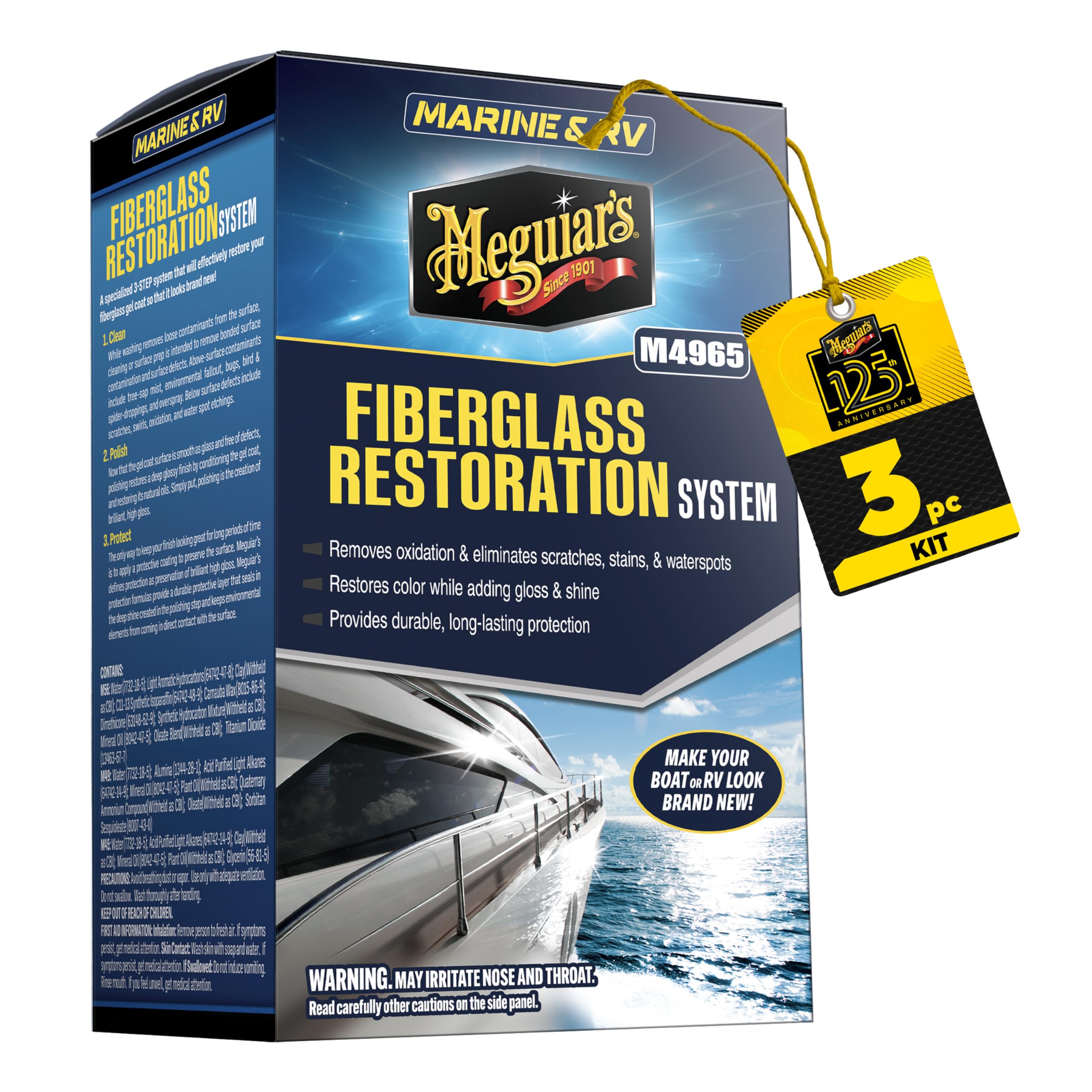 Marine/RV Meguiar’s Fiberglass Restoration System, M4965, 3-Piece Fiberglass Repair Kit with Oxidation Remover, High-Gloss Boat Polish and Wax, Christmas Gift Ideas for Car Dads