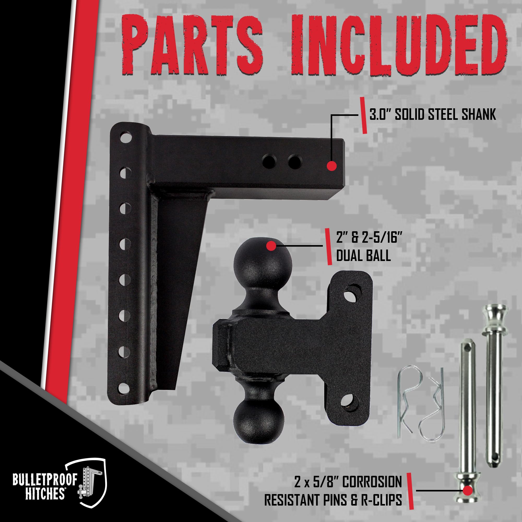 3.0" Adjustable Heavy Duty Trailer Hitch - BulletProof Hitches (22,000 lb. Rating) - 10" Drop/Rise Trailer Hitch with 2" & 2-5/16" Dual Ball - Powder Coat, Solid Steel, Corrosion-Resistant