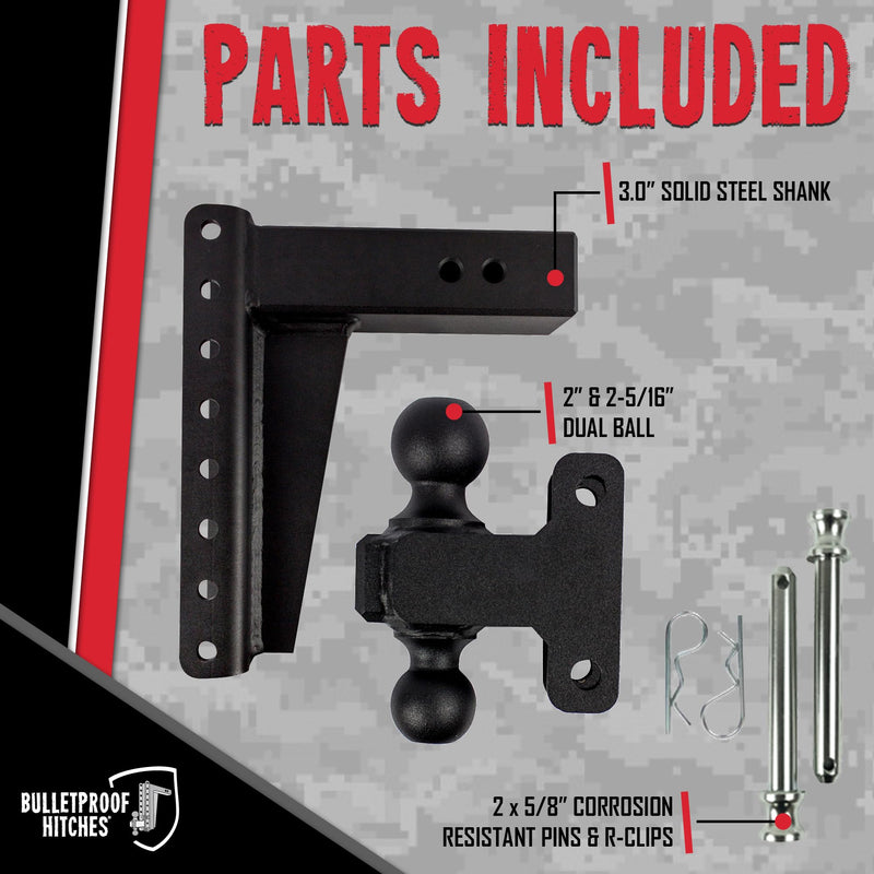 3.0" Adjustable Heavy Duty Trailer Hitch - BulletProof Hitches (22,000 lb. Rating) - 10" Drop/Rise Trailer Hitch with 2" & 2-5/16" Dual Ball - Powder Coat, Solid Steel, Corrosion-Resistant