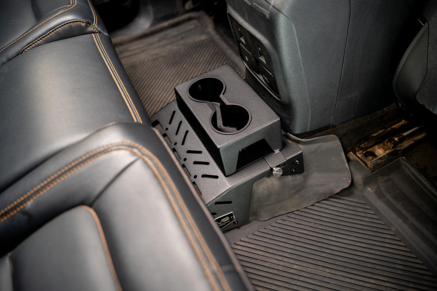 Rear Seat Cup Holder and Molle Panels DV8 Offroad for 2021-2025 Ford Bronco | Fits Various Sized Bottles, Cans, and Cups | Molle Accessory Compatible | Mount Quick Access Gear | Powder Coated Finish