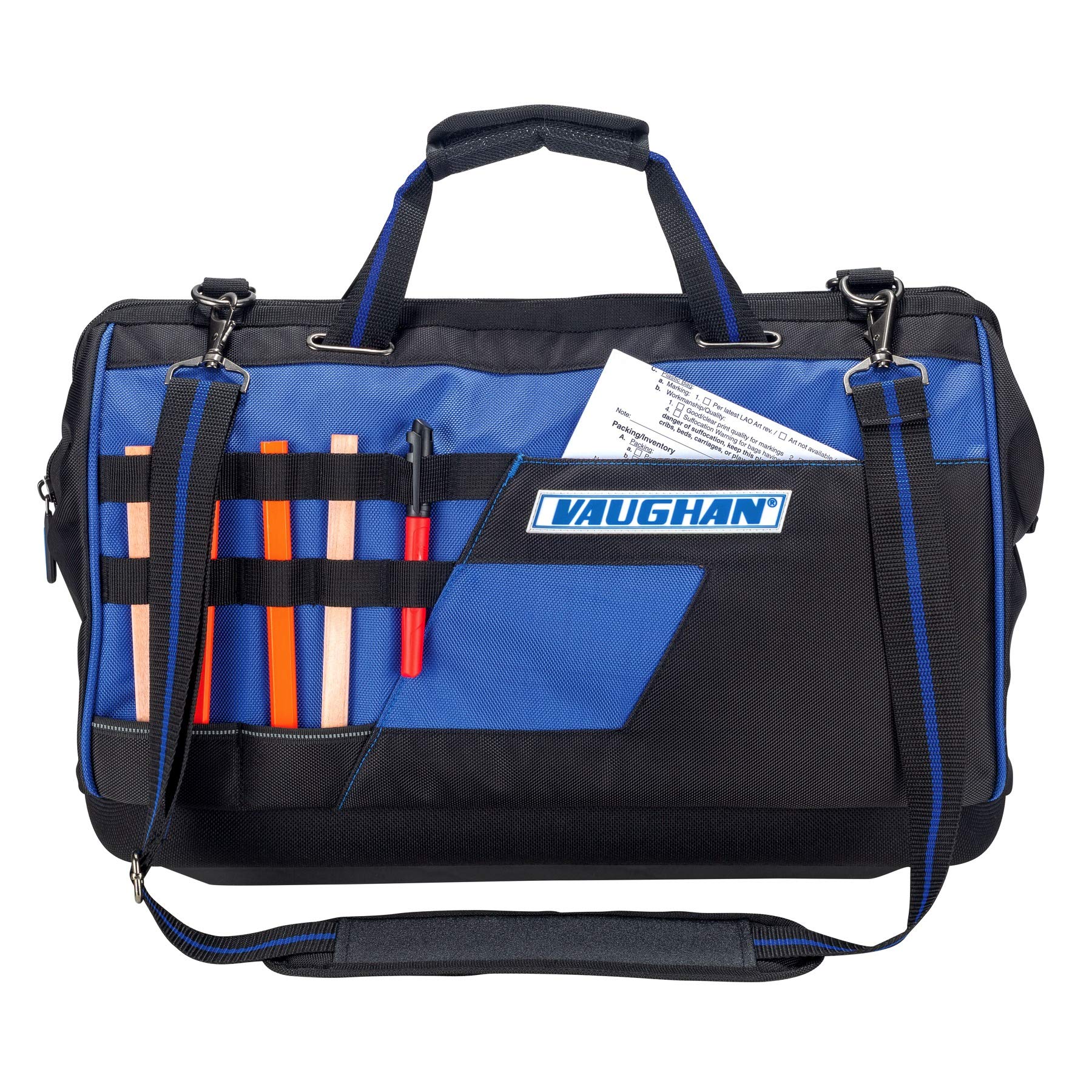 20 inch Vaughan Heavy Duty Wide Mouth Tool Bag 1680 Denier Polyester, 12 Pockets, 13 Tool Loops, Molded EVA Bottom, Carry Handles, Shoulder Strap, Carabiner Clip, 20 in. x 13 in. x 9 in. - 240158
