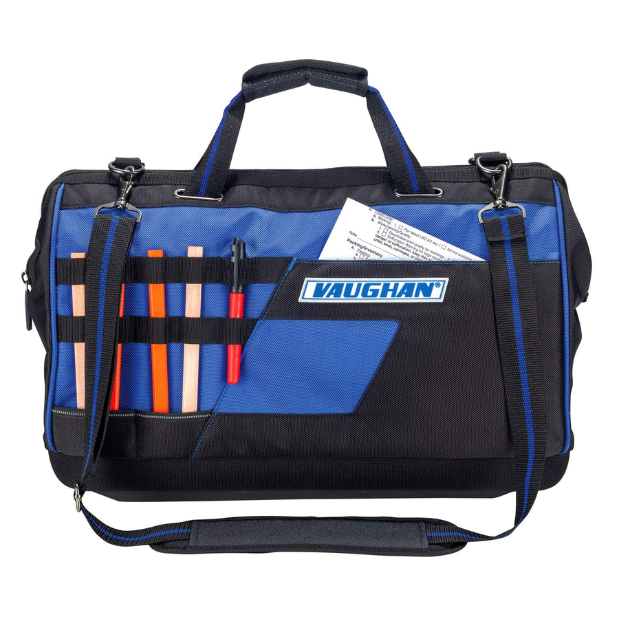 20 inch Vaughan Heavy Duty Wide Mouth Tool Bag 1680 Denier Polyester, 12 Pockets, 13 Tool Loops, Molded EVA Bottom, Carry Handles, Shoulder Strap, Carabiner Clip, 20 in. x 13 in. x 9 in. - 240158