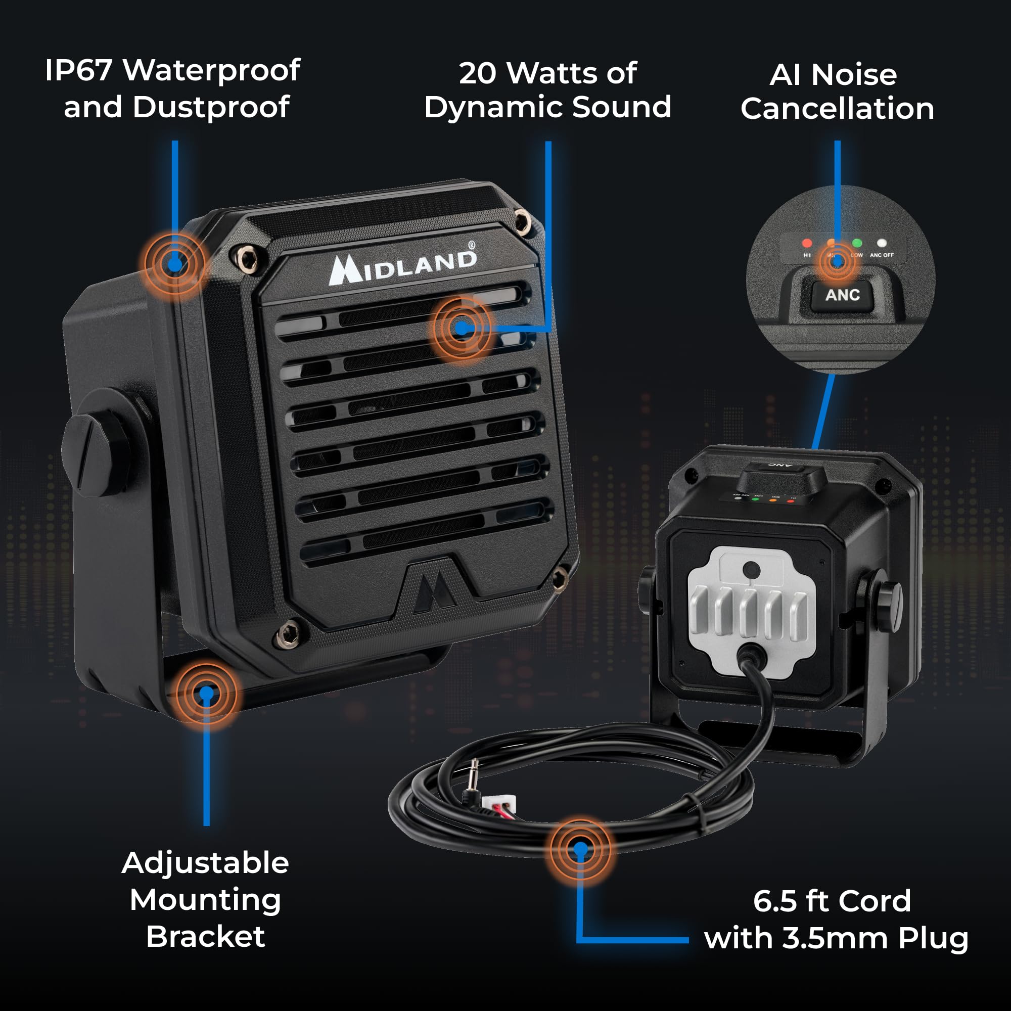 SPK200 Midland- Heavy-Duty 20W Amplified External Speaker - AI Noise Cancellation 180 Degrees Swivel Base for CB and MXT Radios 8-OHM Sound System 3.5mm Audio Plug - Waterproof Design