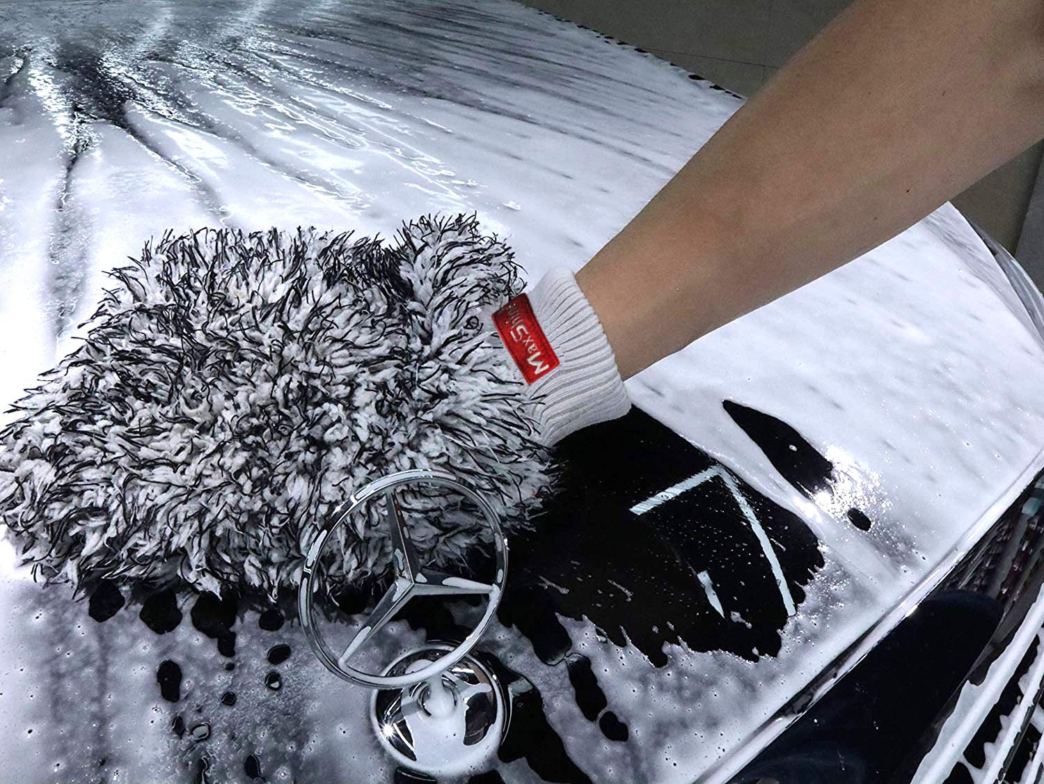 Maxshine Microfiber Black & White Universal Wash Mitt – Premium Scratch-Free, Lint-Free Mitt for Washing Cars, Trucks & Motorcycles – Reusable Auto Detailing Accessory