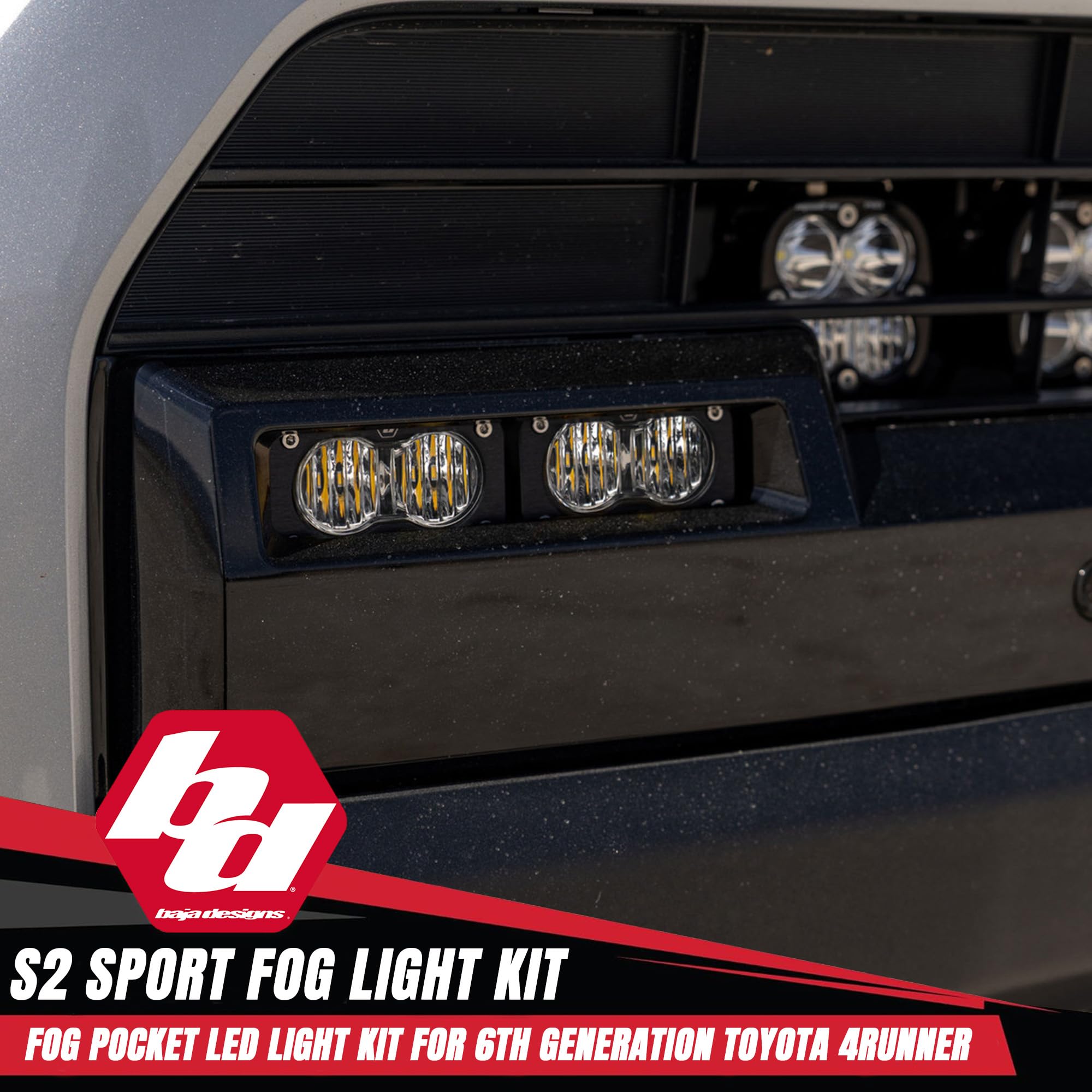 Baja Designs S2 Sport LED Fog Light Kit for 4Runner Toyota 2025+ (Non-TRD Pro) - Street Legal, 4 PCS LED with Mounting Brackets, Adapter Harness - OEM Switch Compatible (Wide Cornering; Baja Amber)