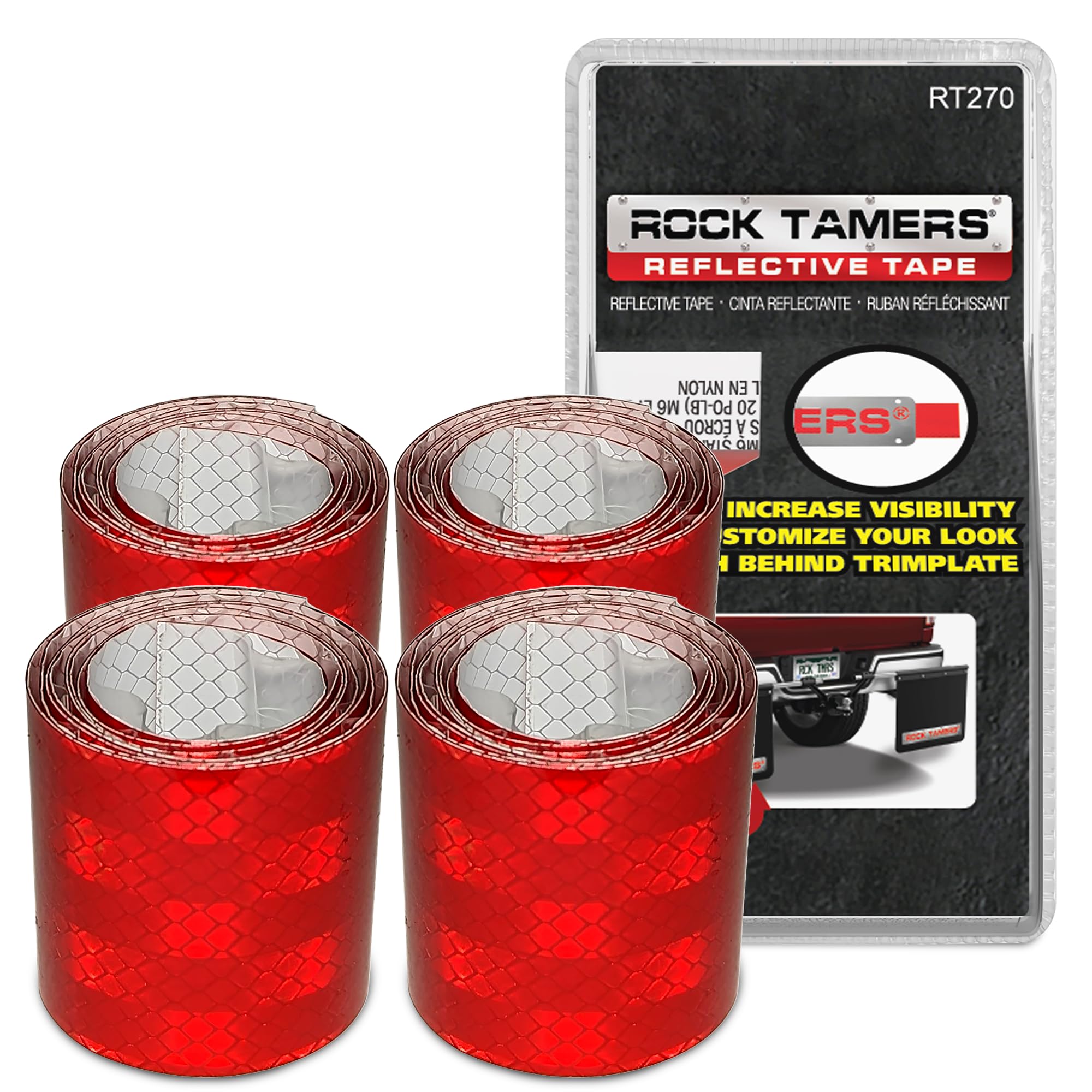 Reflective Tape Rock Tamers 2 Pack – 4 Red Diamond Pattern Safety Strips for Mudflaps and Trim Plates, Weatherproof PET Construction, Easy Installation (2 Strips, 19.7″ x 2″, in Each Pack)