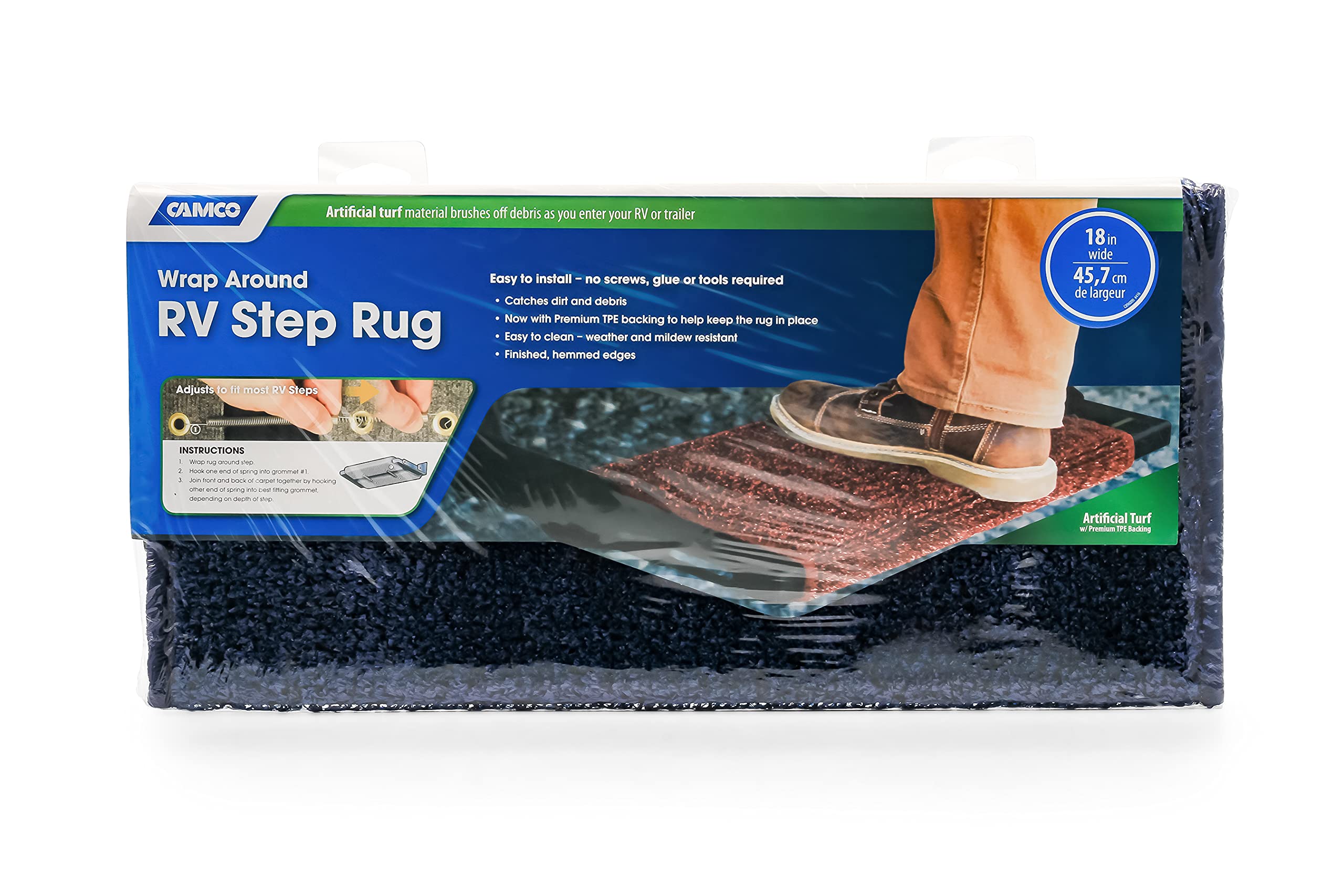 RV Camco Wrap Around Turf Step Rug | Help Trap Dirt, Leaves, and More | Easy to Install | Easy to Clean | Blue (42916)